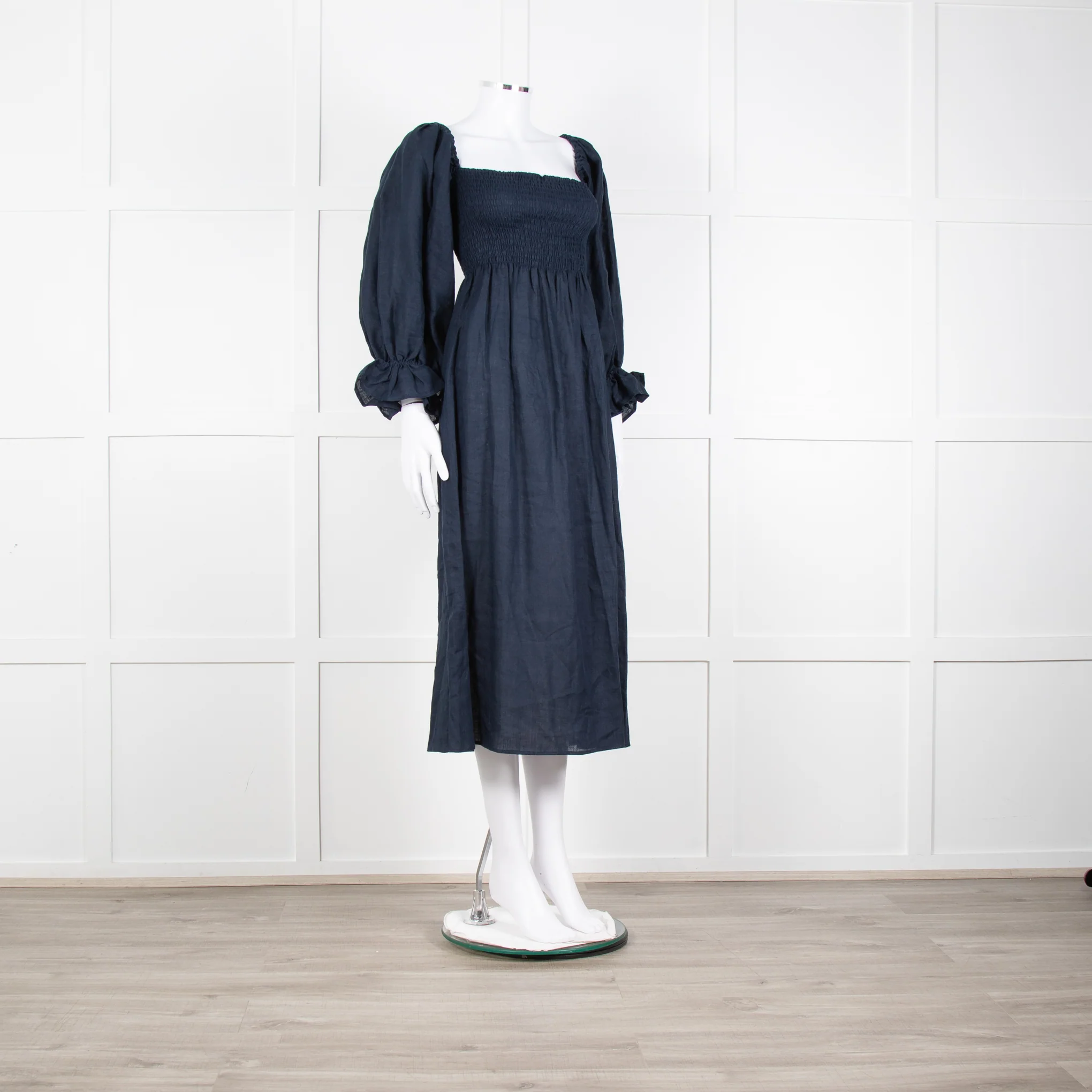 Daily Sleeper Navy Linen Smocked Midi Dress with Puff Sleeves - Image 8