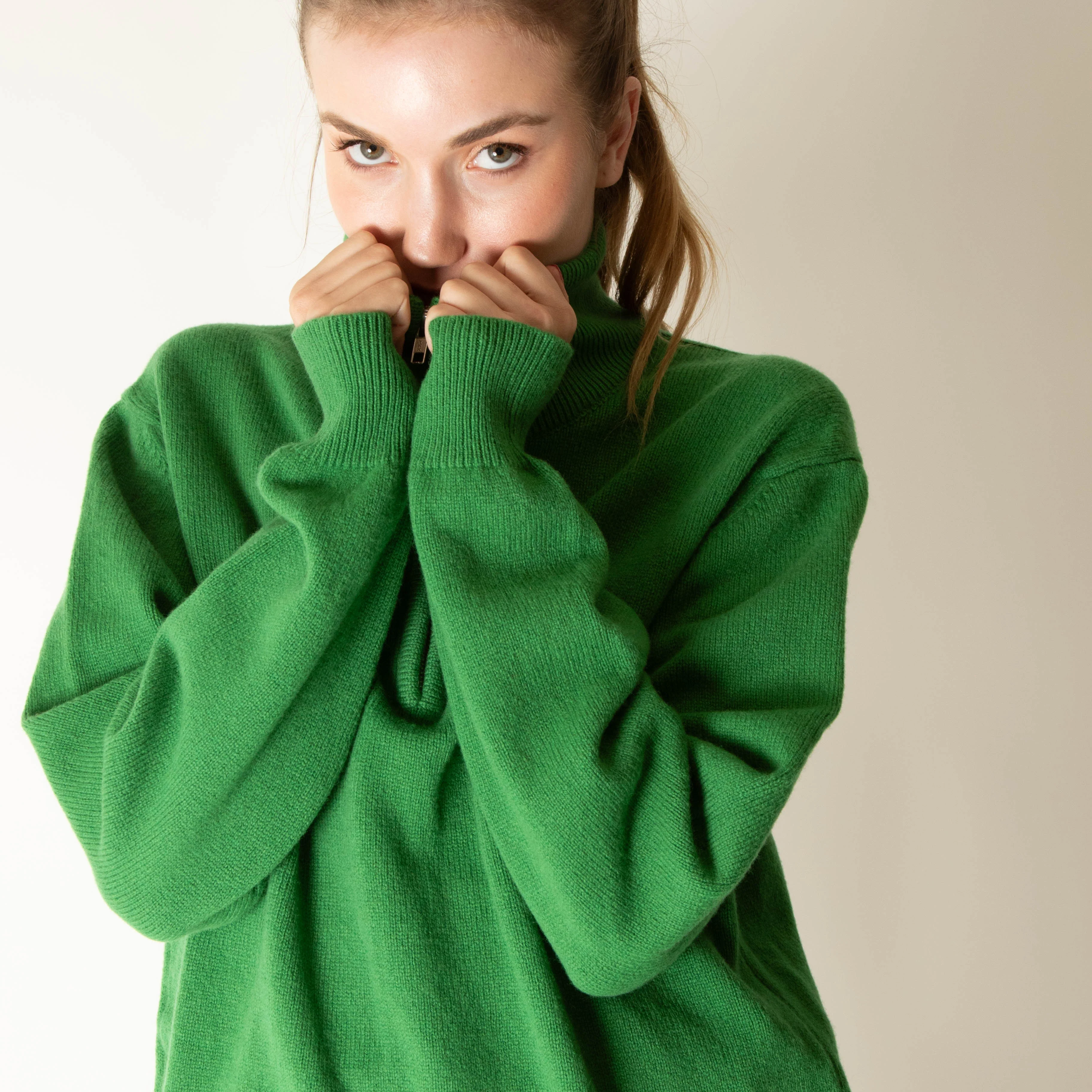 &DAUGHTER Quarter Zip Roll Neck Jumper In Green - Image 2