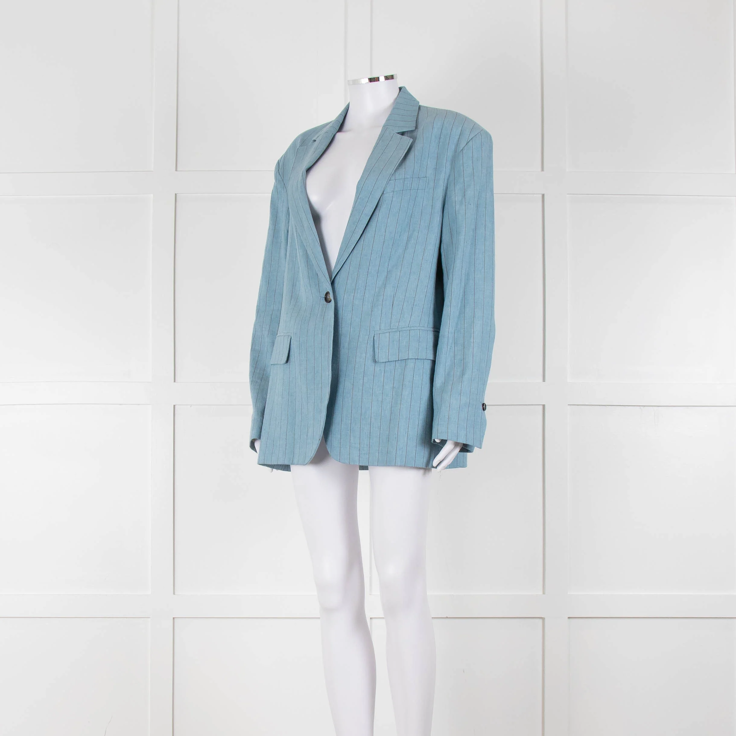 Day Birger Blue Cotton Fine Pinstripe Straight Blazer - Image 8