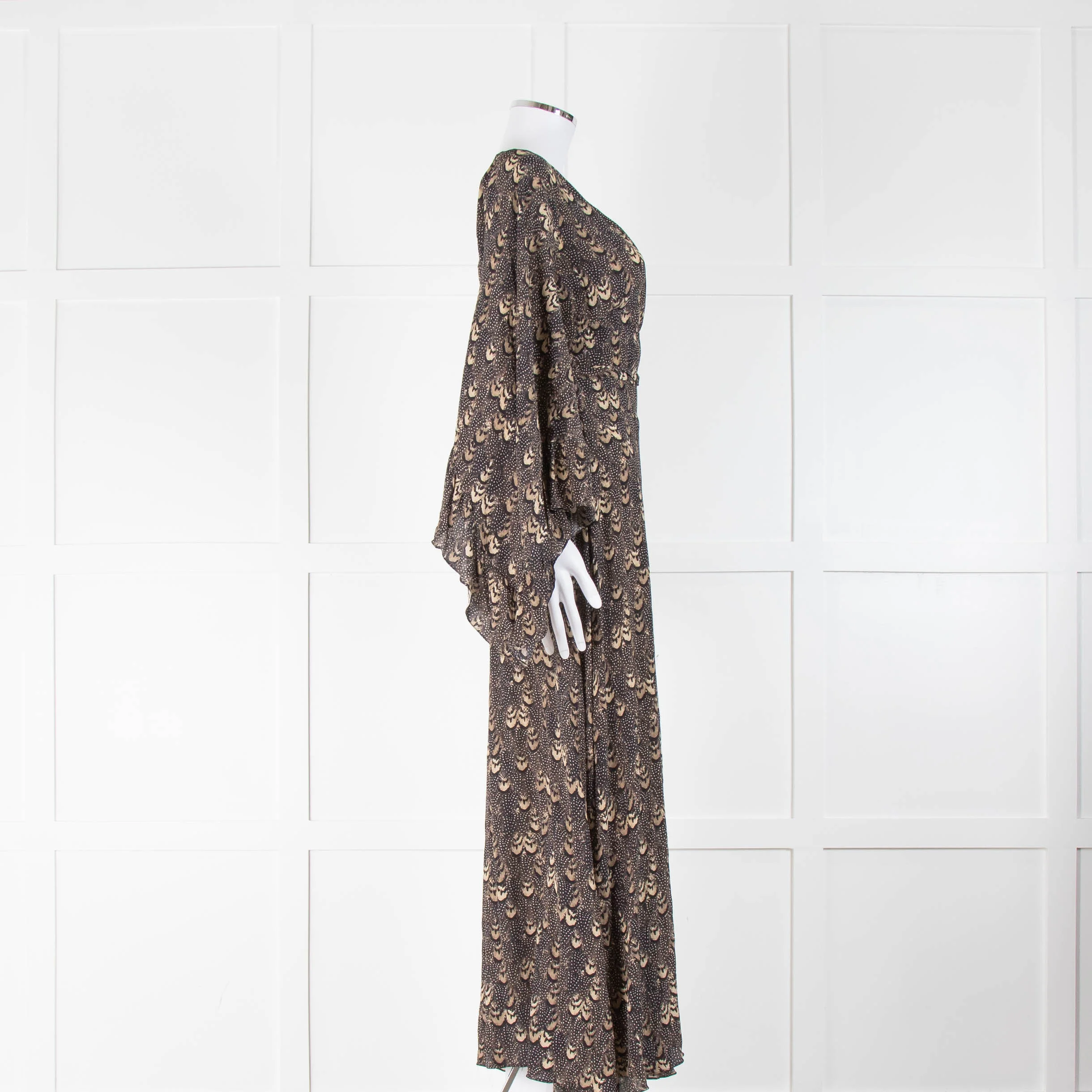 De La Vali Brown Feather Print Waterfall Sleeve Wrap Dress - Image 2