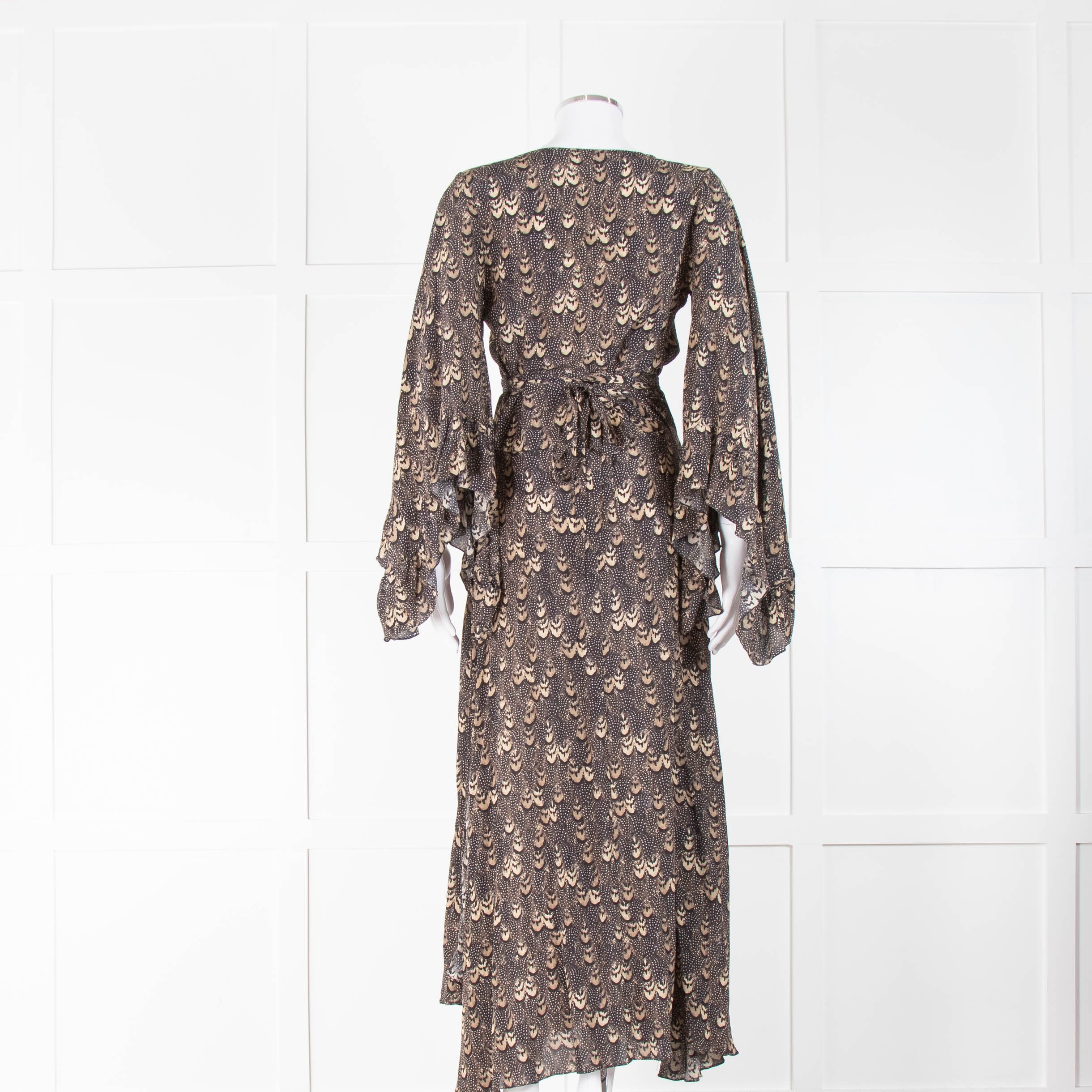 De La Vali Brown Feather Print Waterfall Sleeve Wrap Dress - Image 3