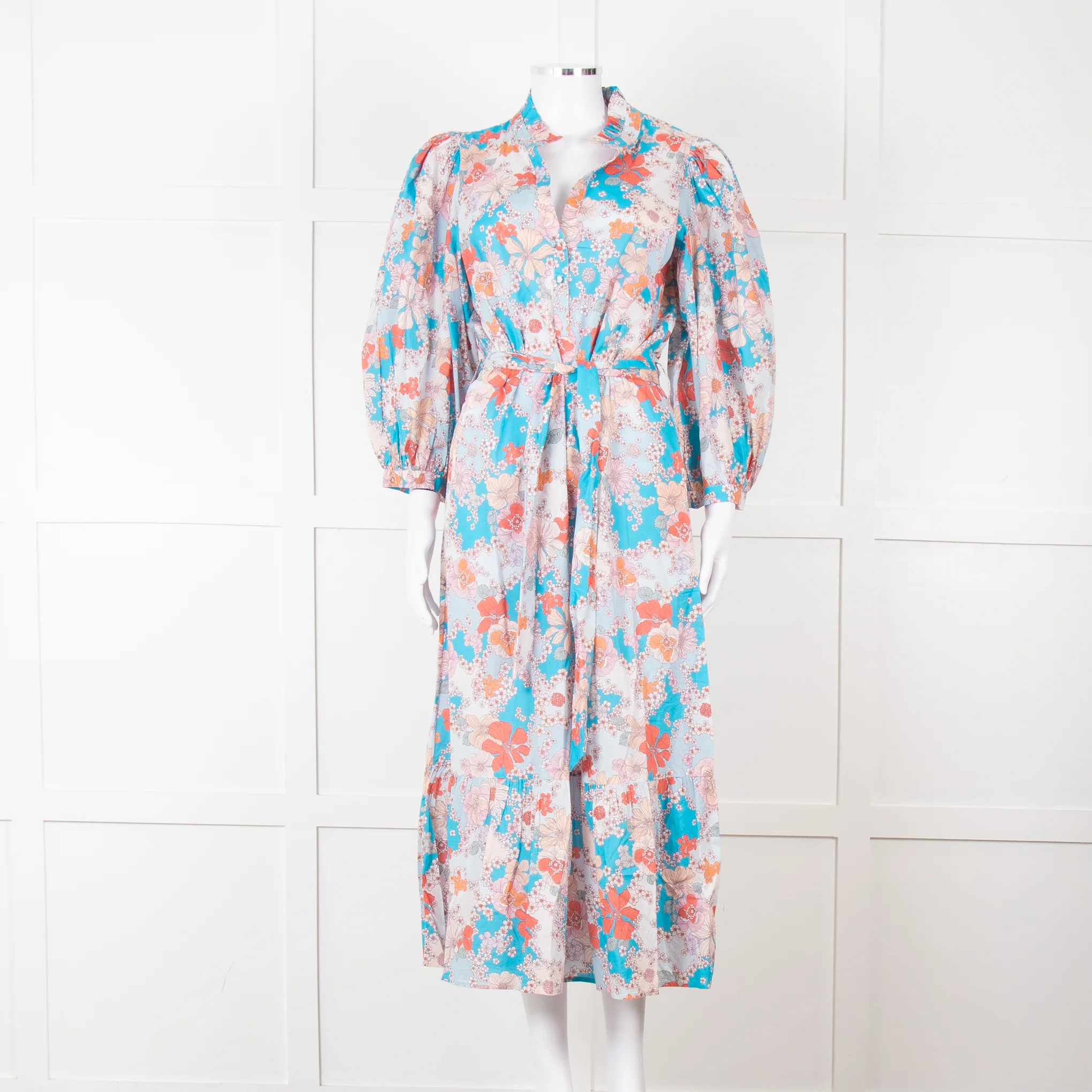 Dea Kudibal Blue Orange Floral Cotton Maxi Belted Dress