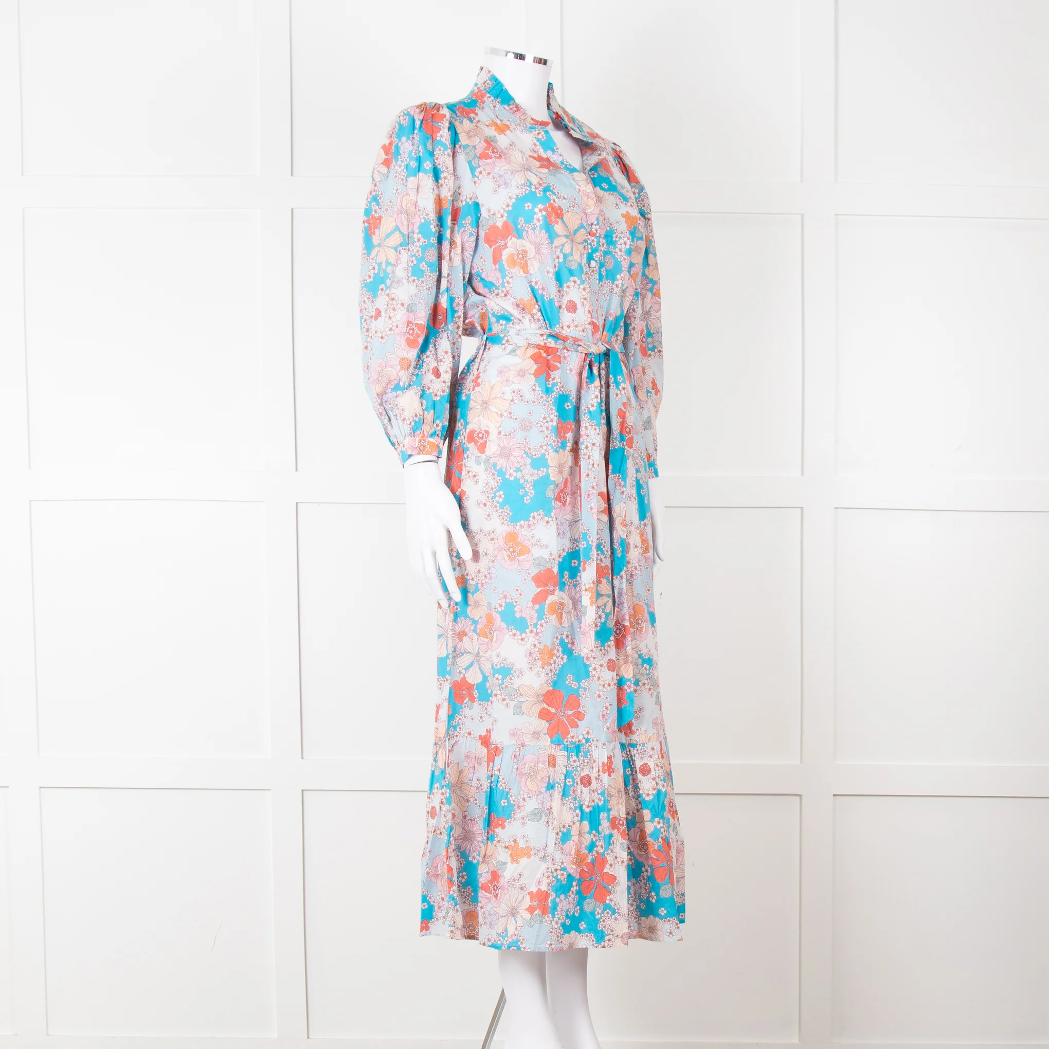 Dea Kudibal Blue Orange Floral Cotton Maxi Belted Dress - Image 8