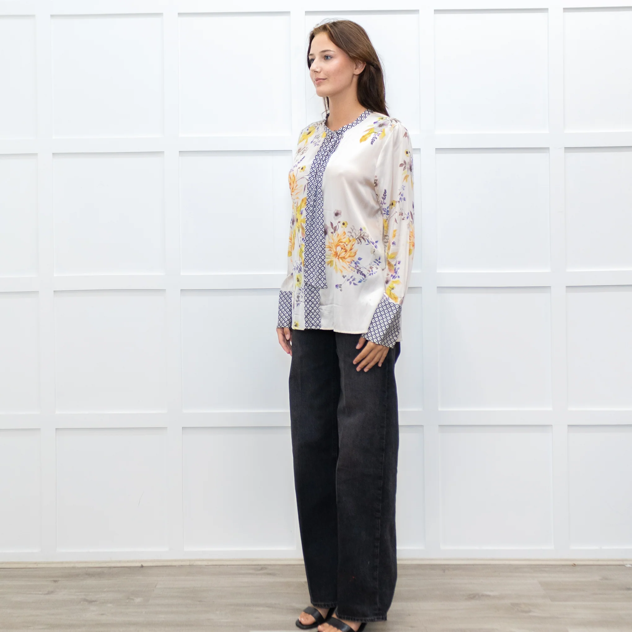 Dea Kudibal Cream and Yellow Floral Silk Blouse with Geometric Cuffs - Image 3