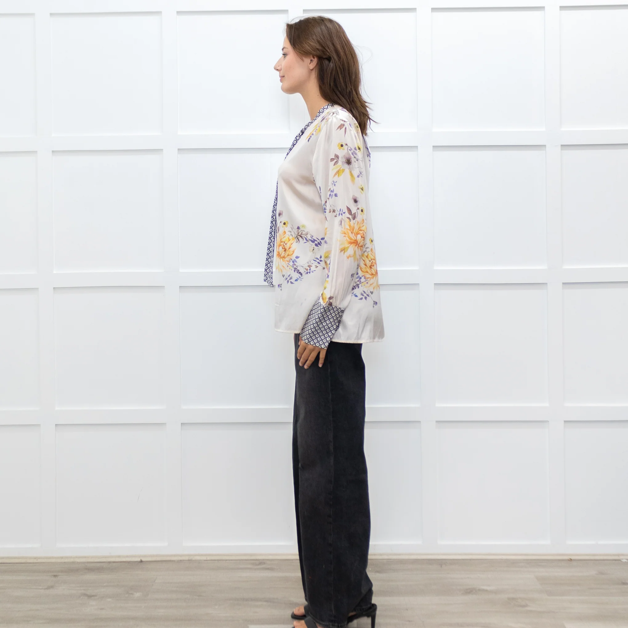 Dea Kudibal Cream and Yellow Floral Silk Blouse with Geometric Cuffs - Image 4