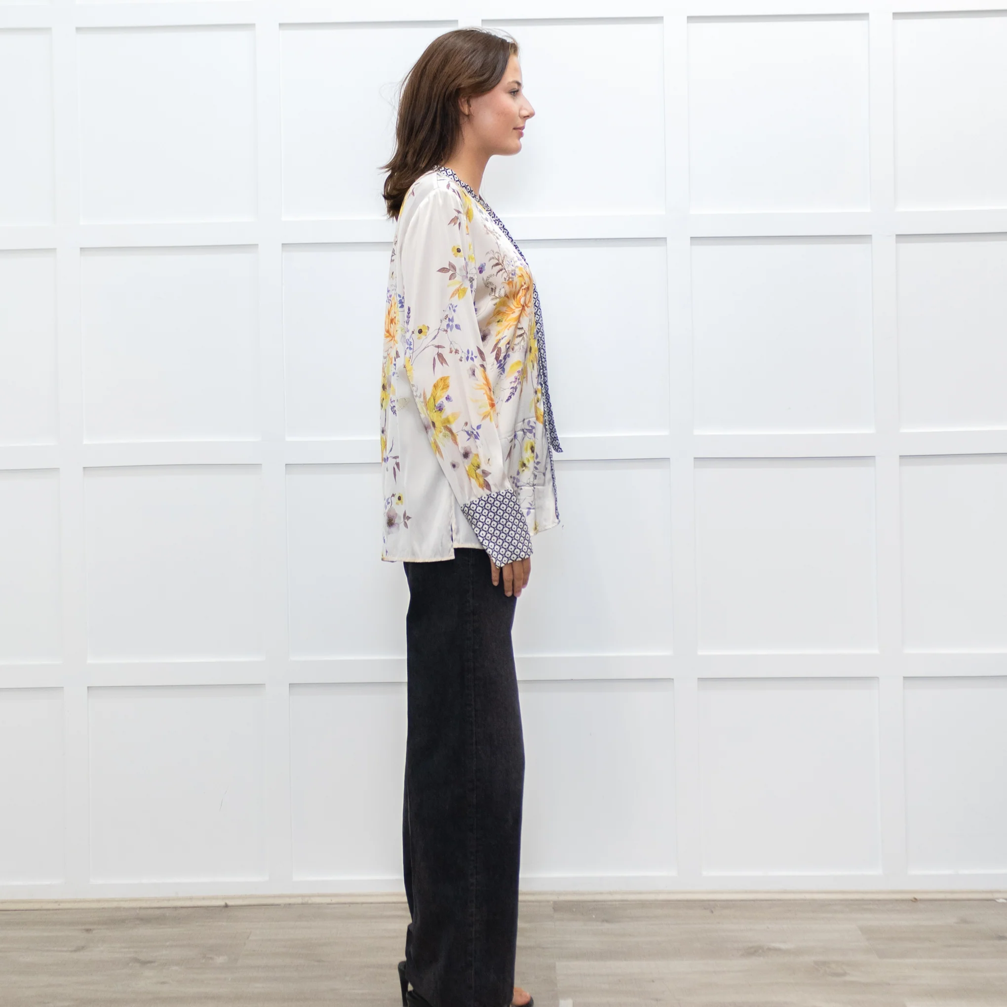 Dea Kudibal Cream and Yellow Floral Silk Blouse with Geometric Cuffs - Image 6