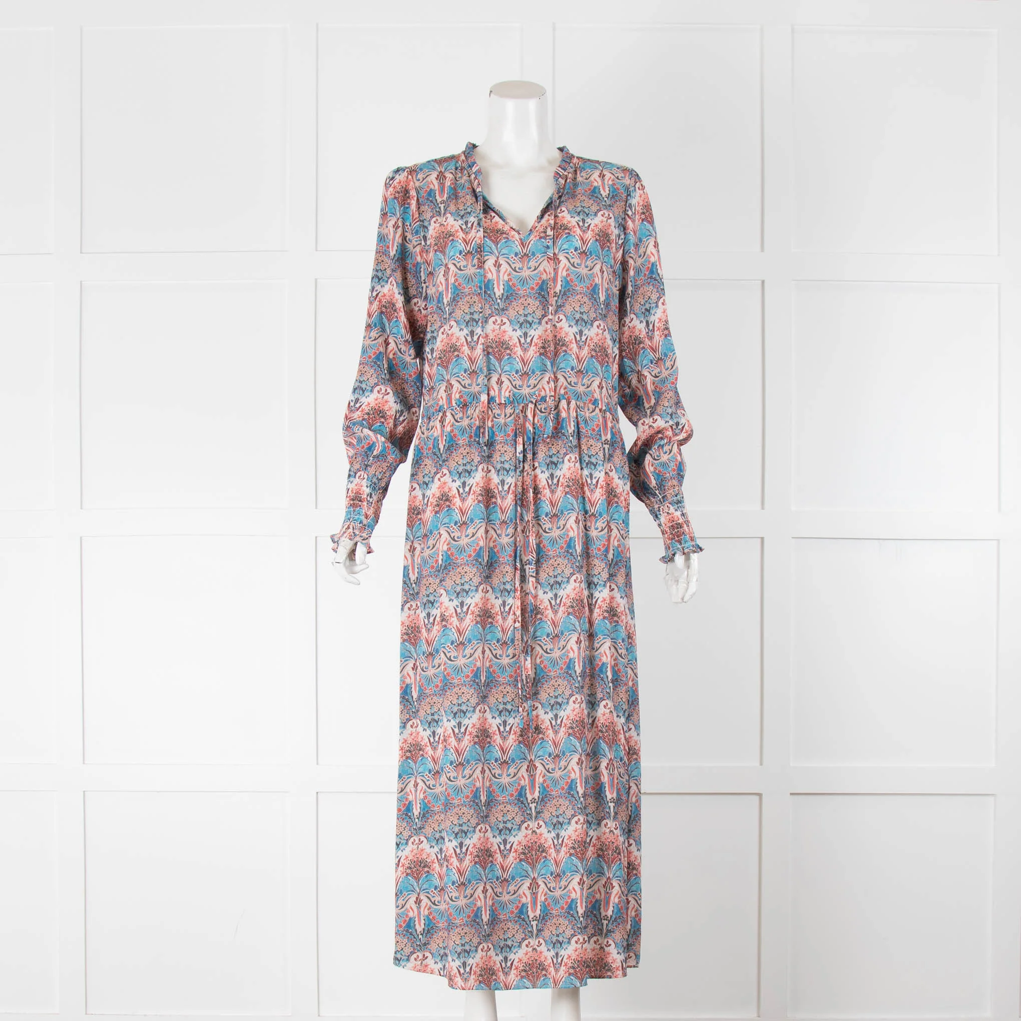 Dea Kudibal Drawstring Waist Maxi Dress in Coral and Blue Paisley