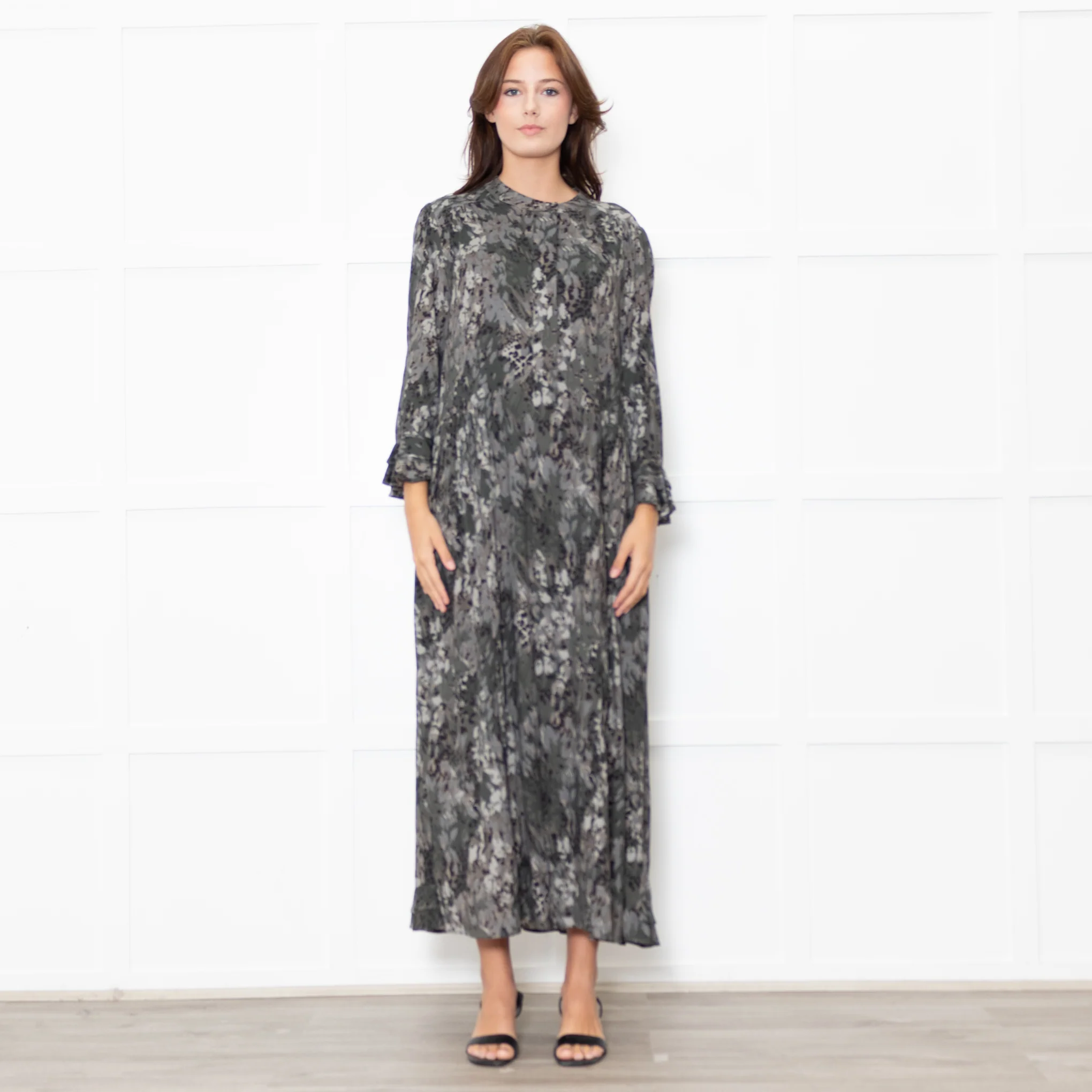 Dea Kudibal Khaki Green Black Ruffle Trim Sleeved Dress