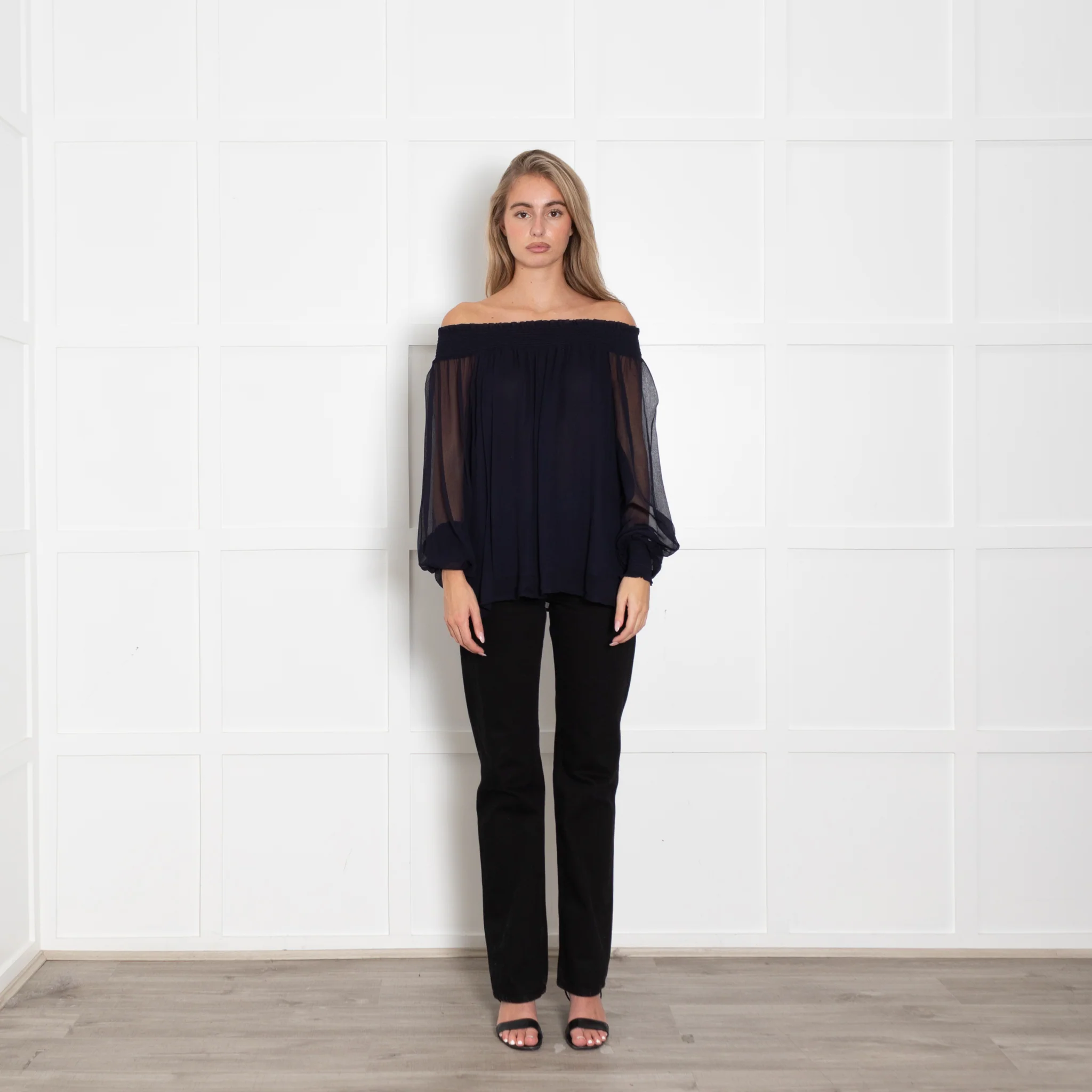 Dea Kudibal Navy Sheer Smocked Shoulder Blouse