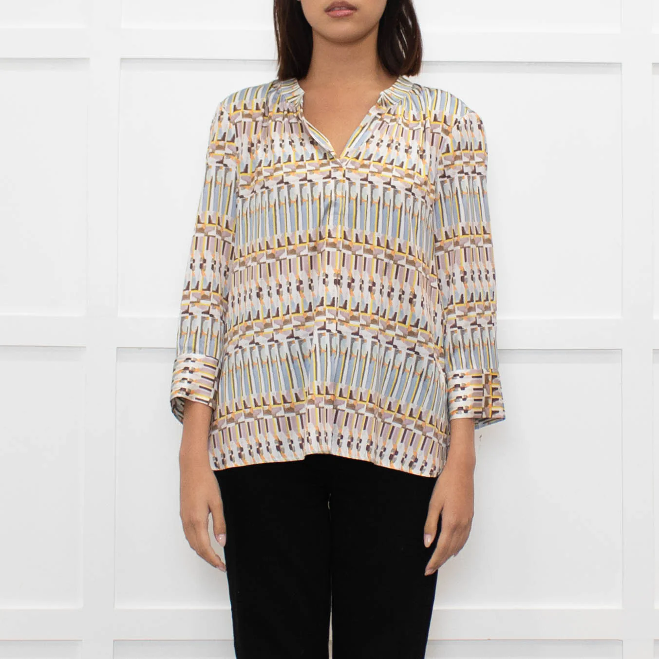 Dea Kudibal White Brown Blue Geometric Print Top - Image 2