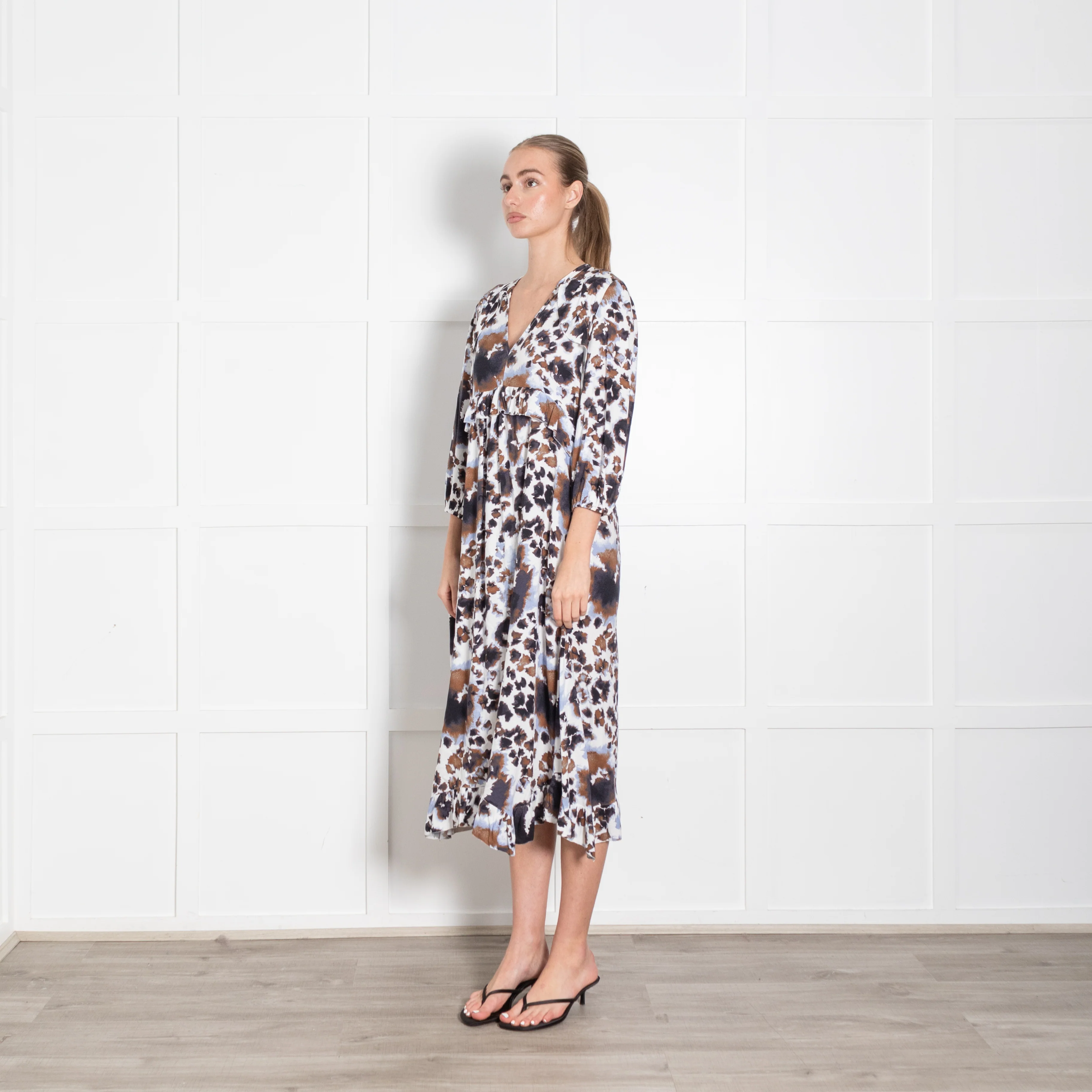 Dea Kudibal White Brown Lilac Frill Trim Dress - Image 3