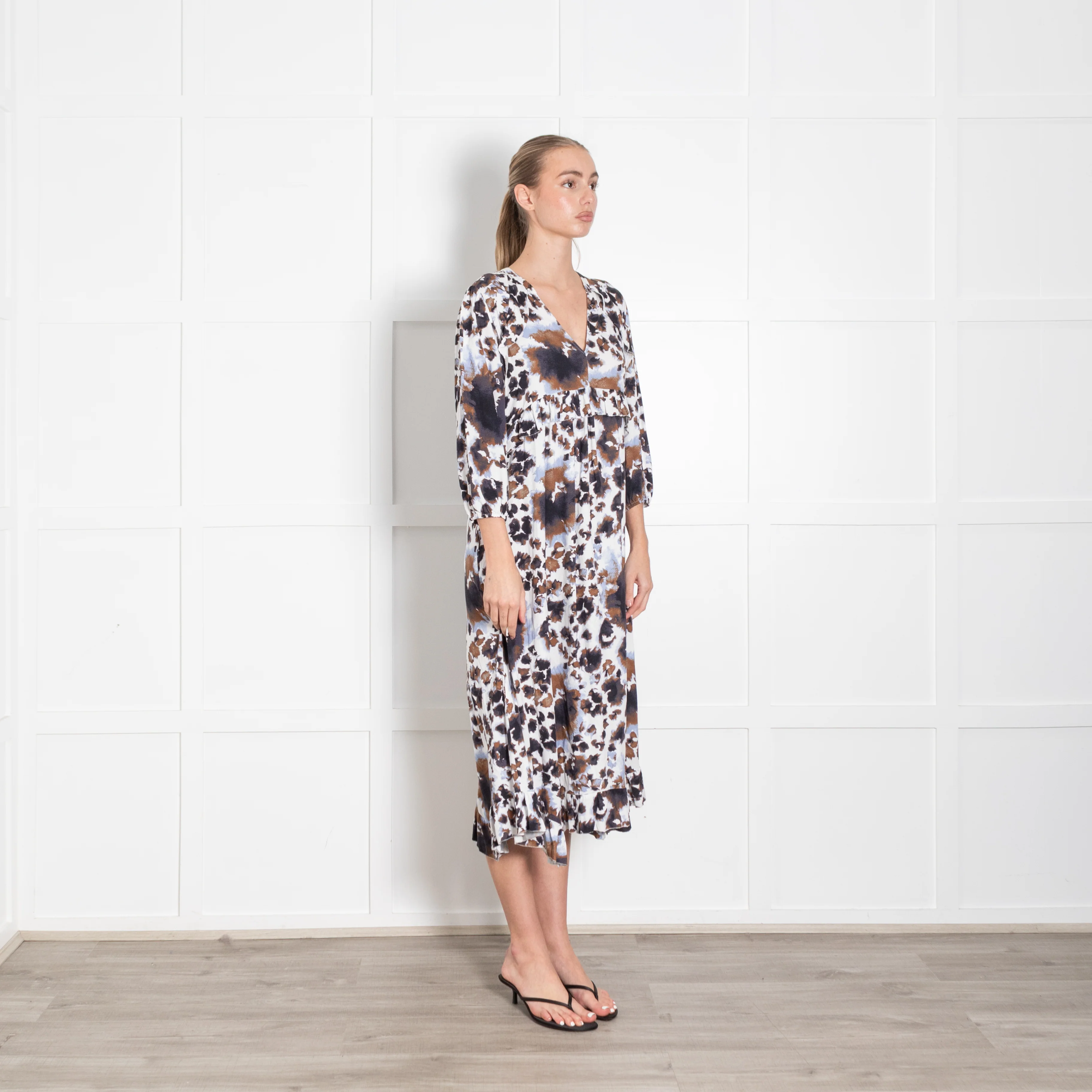 Dea Kudibal White Brown Lilac Frill Trim Dress - Image 7