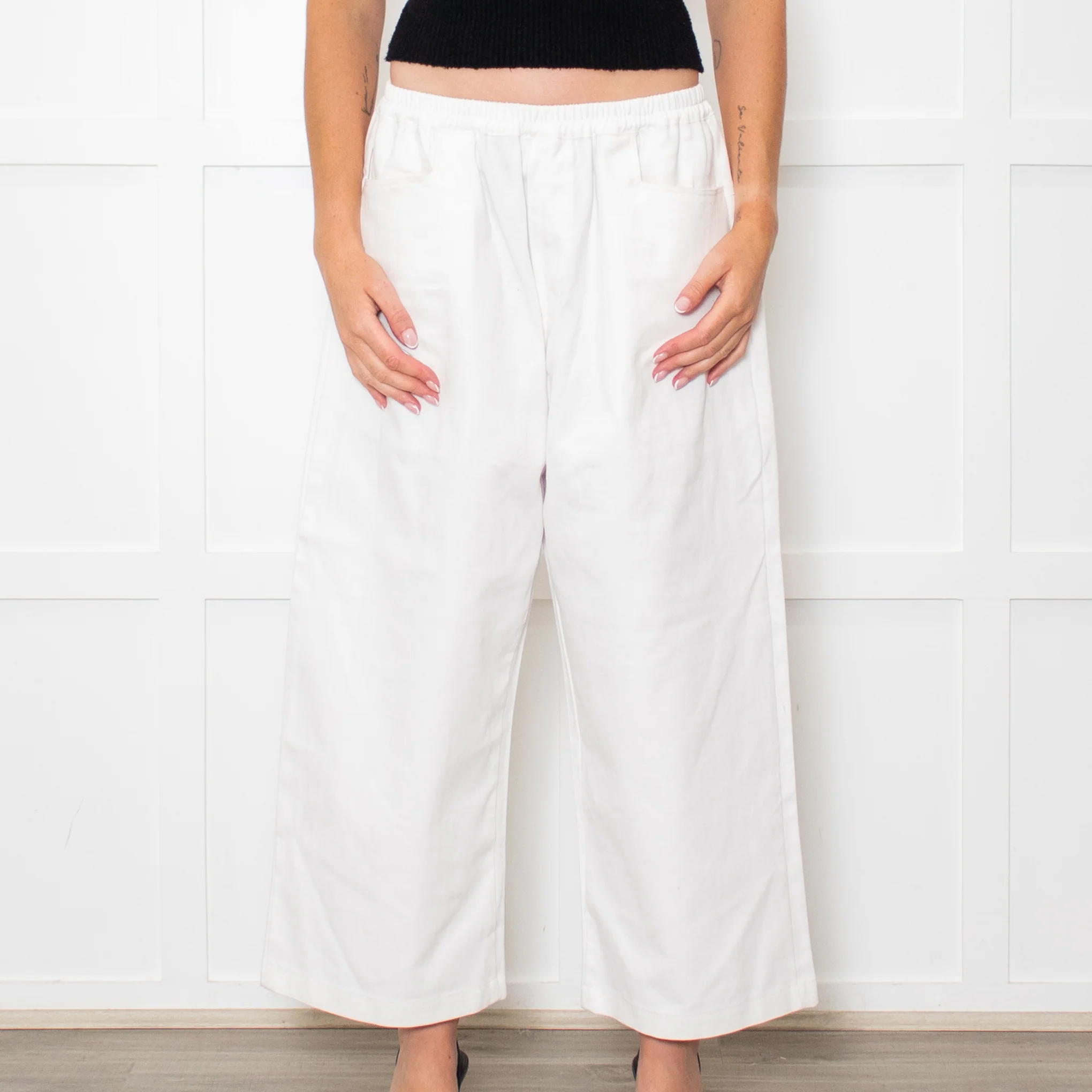 Deiji Studios White Wide Leg Elastic Waist Trousers - Image 2