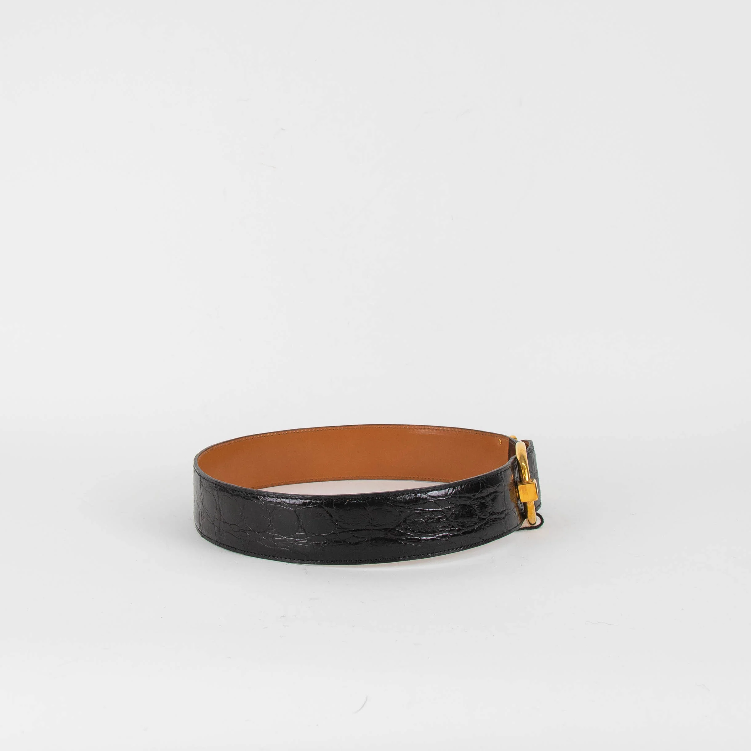 Delvaux Black Croc Leather Gold Buckle Belt - Image 3
