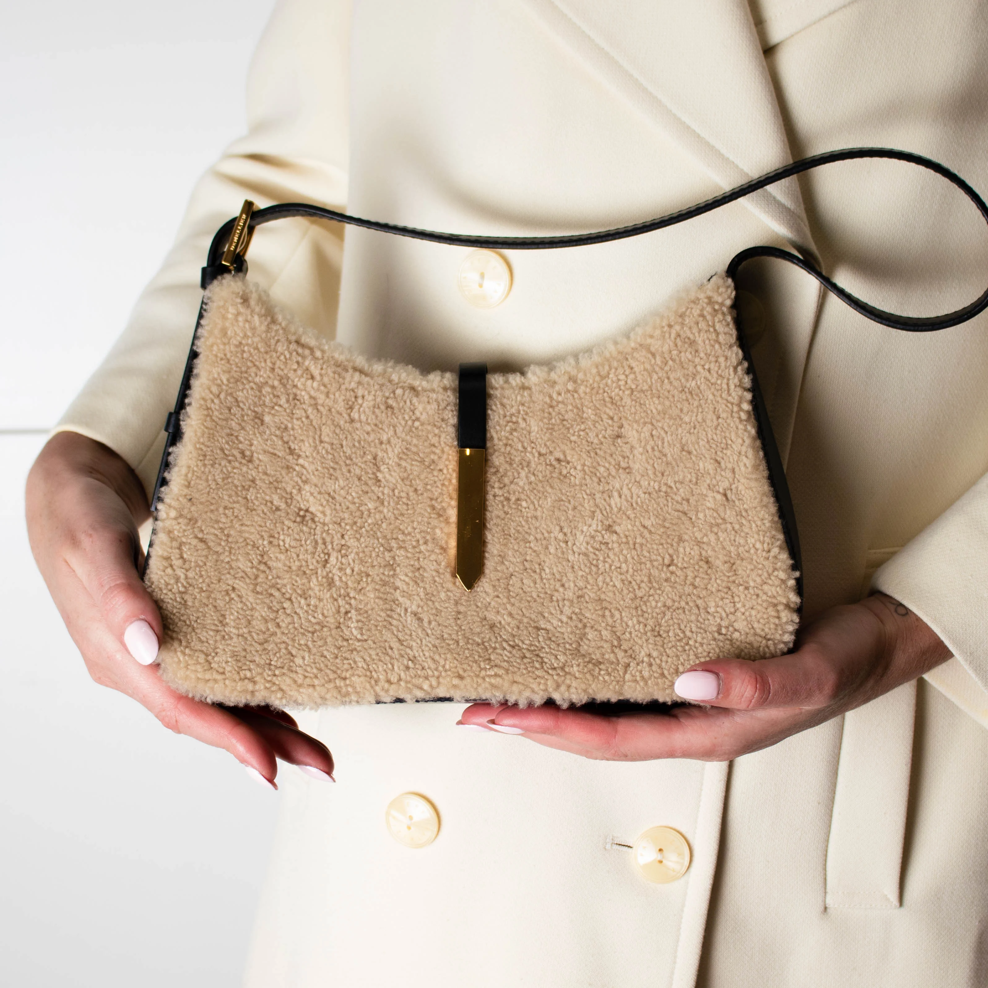 DeMellier Tokyo Shearling Beige and Black Shoulder Bag - Image 8
