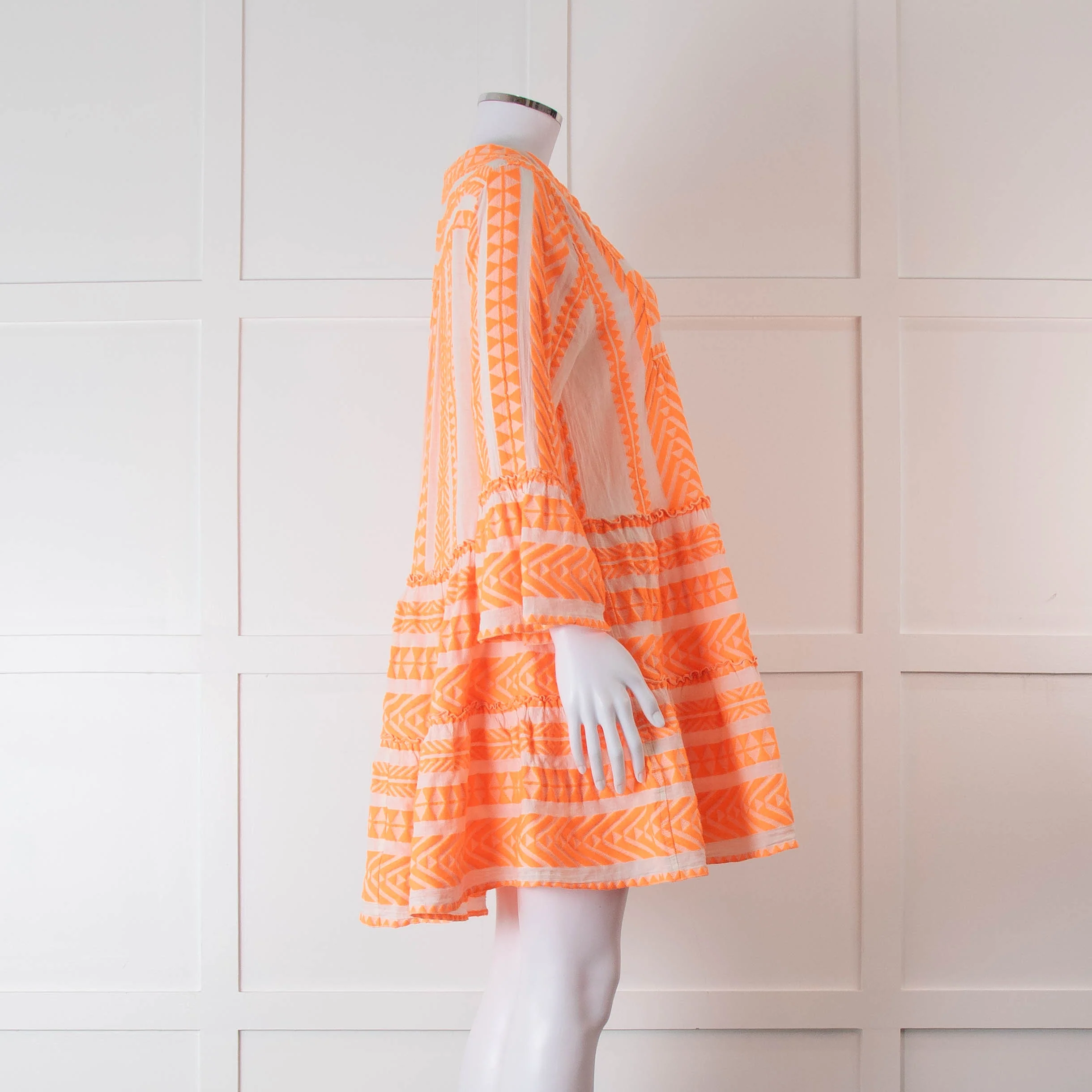 Devotion Twins Cream and Neon Orange Tiered Mini Dress - Image 3