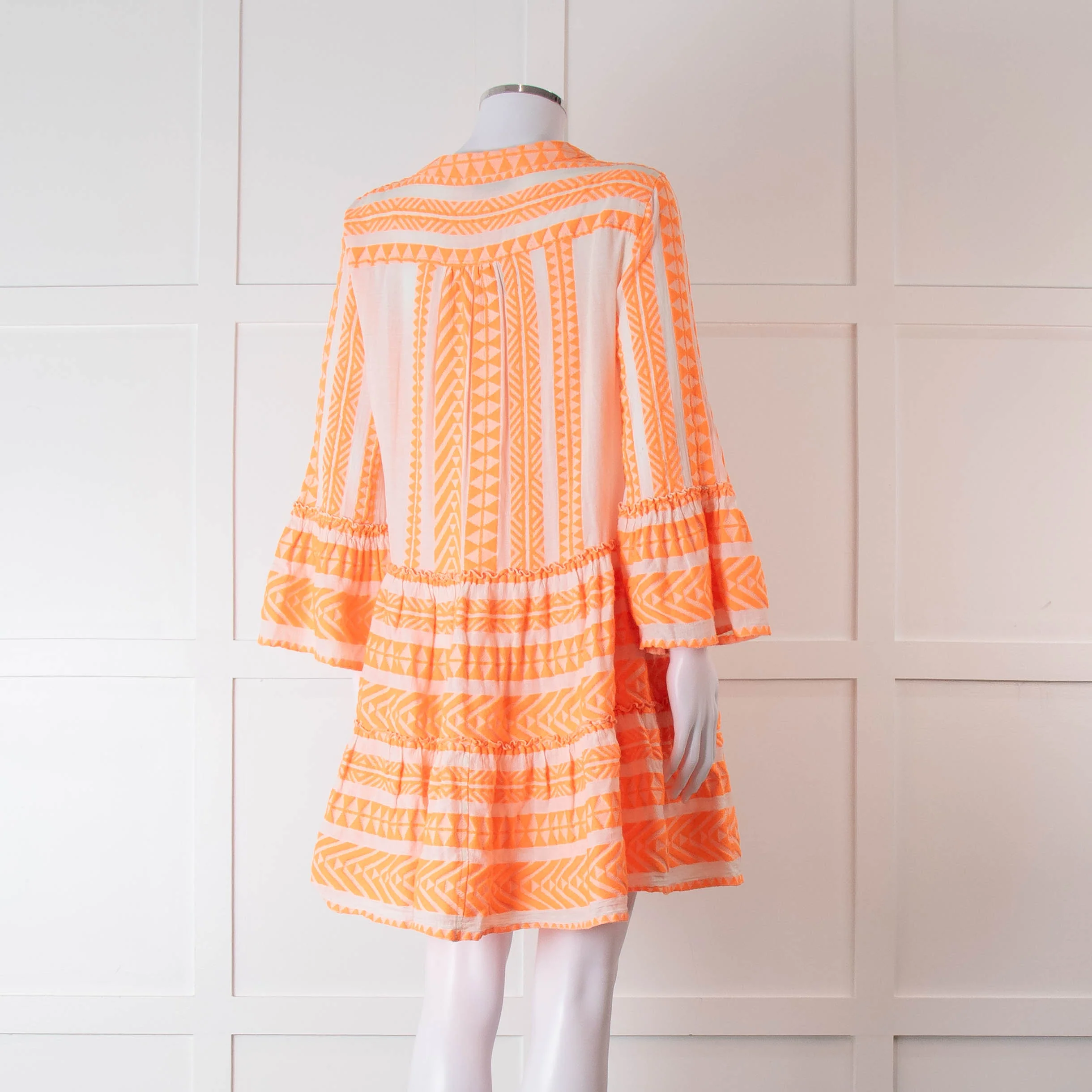 Devotion Twins Cream and Neon Orange Tiered Mini Dress - Image 4