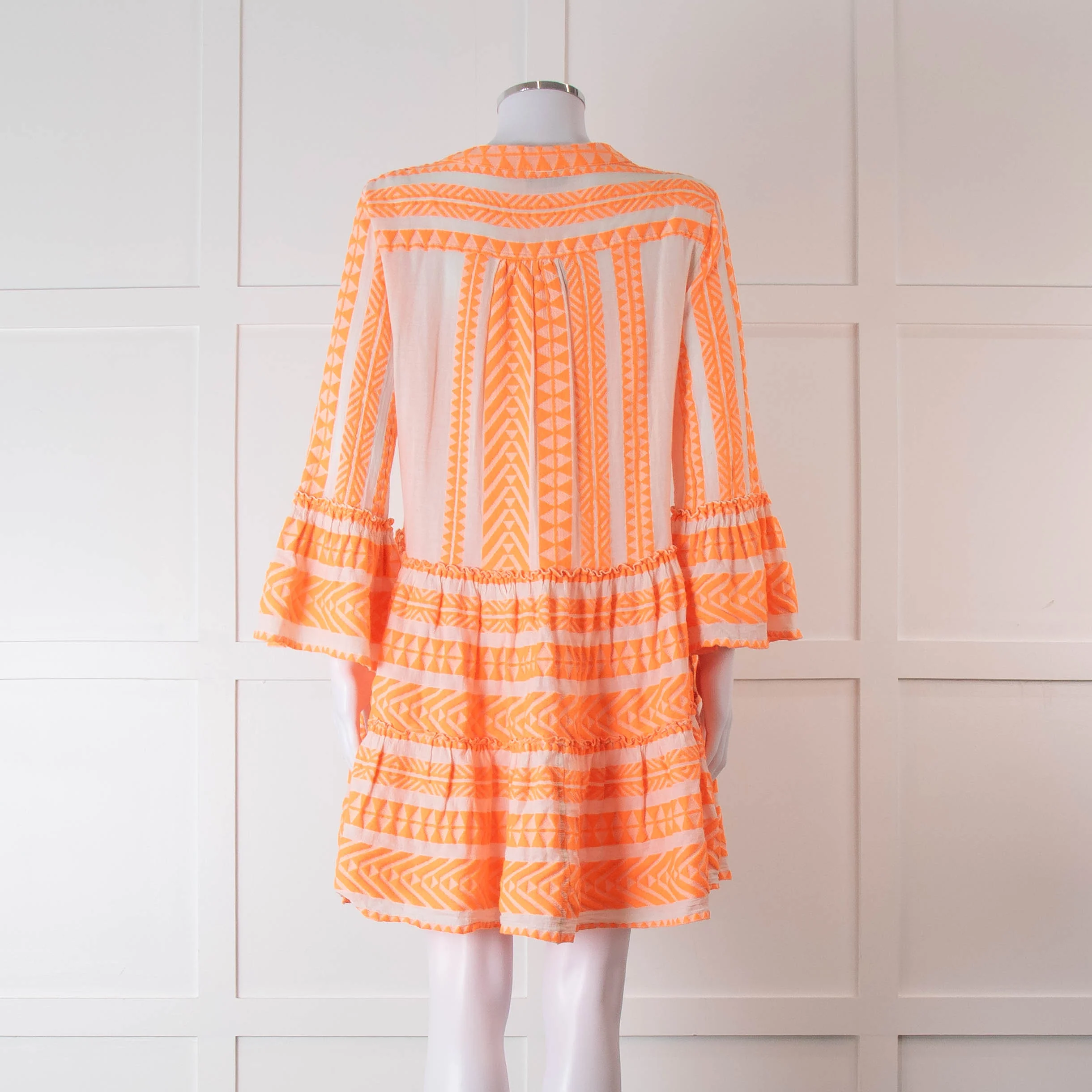 Devotion Twins Cream and Neon Orange Tiered Mini Dress - Image 5
