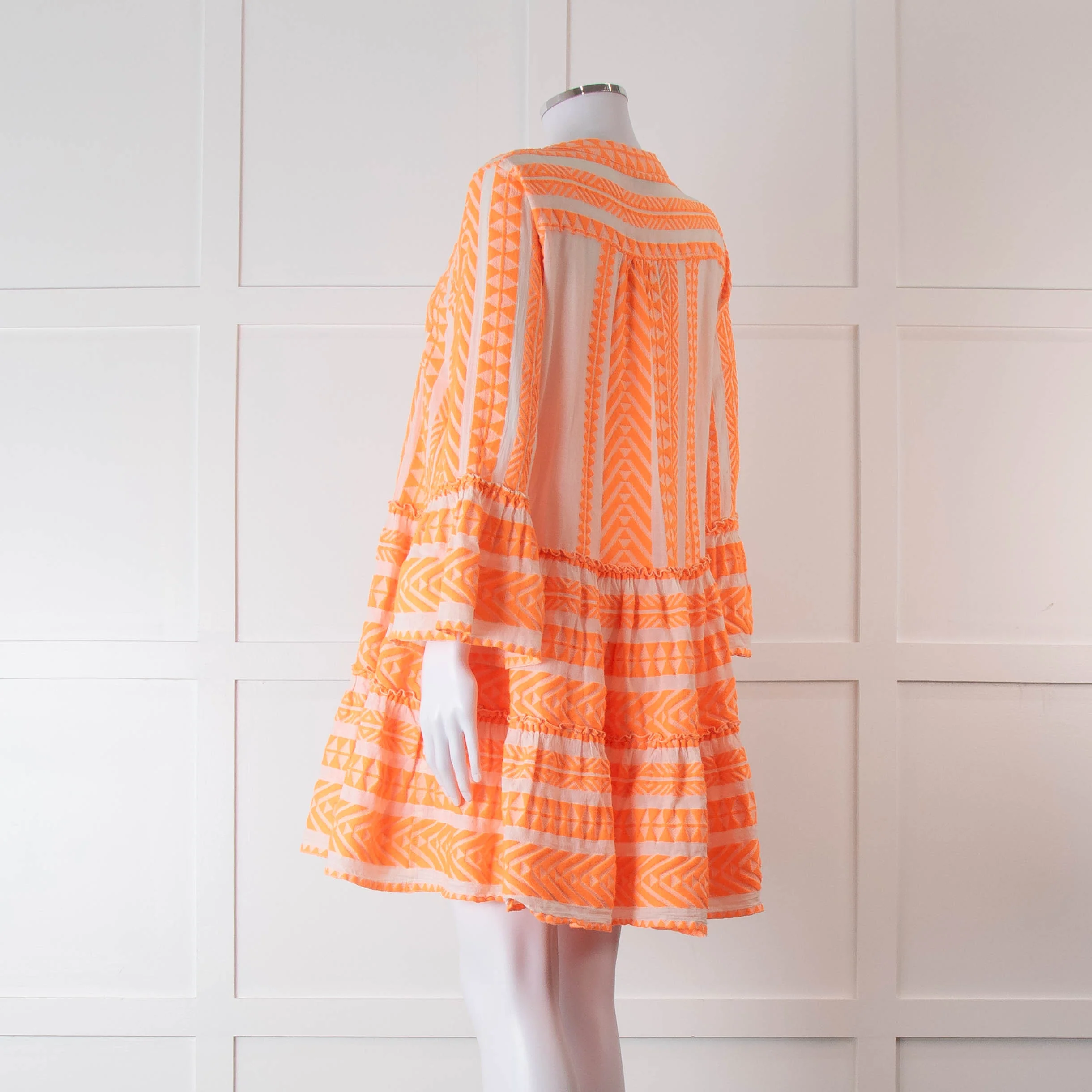 Devotion Twins Cream and Neon Orange Tiered Mini Dress - Image 6