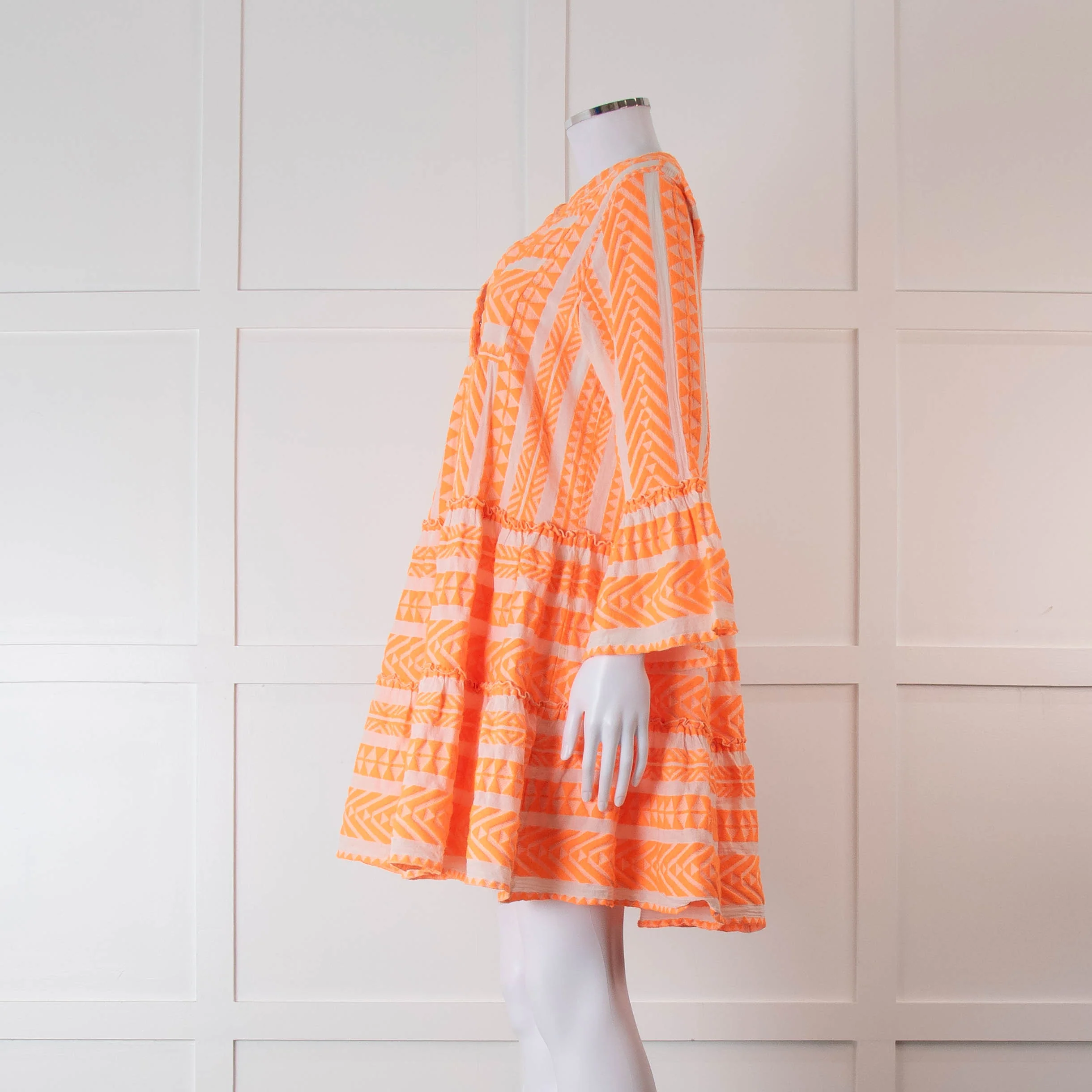 Devotion Twins Cream and Neon Orange Tiered Mini Dress - Image 7