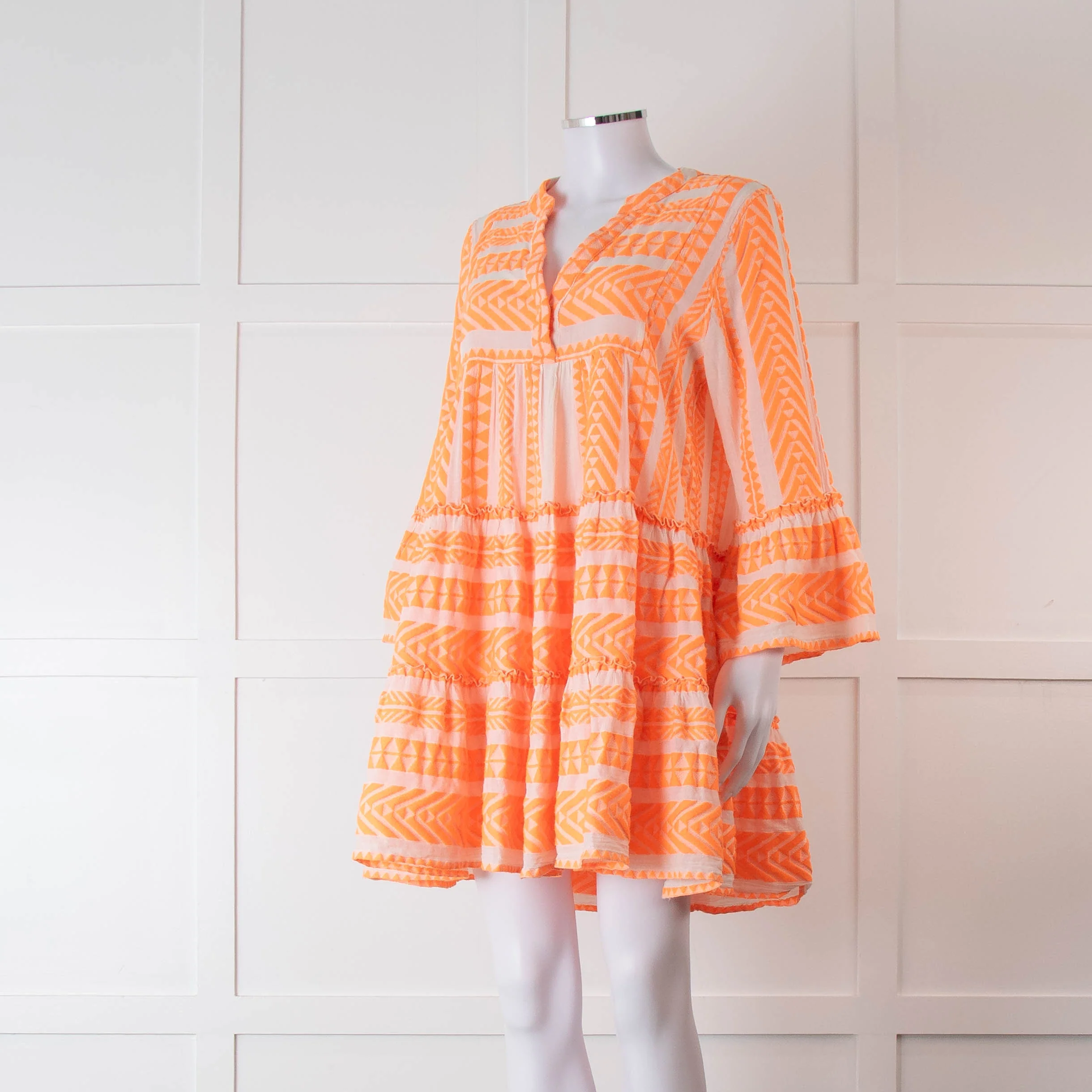 Devotion Twins Cream and Neon Orange Tiered Mini Dress - Image 8