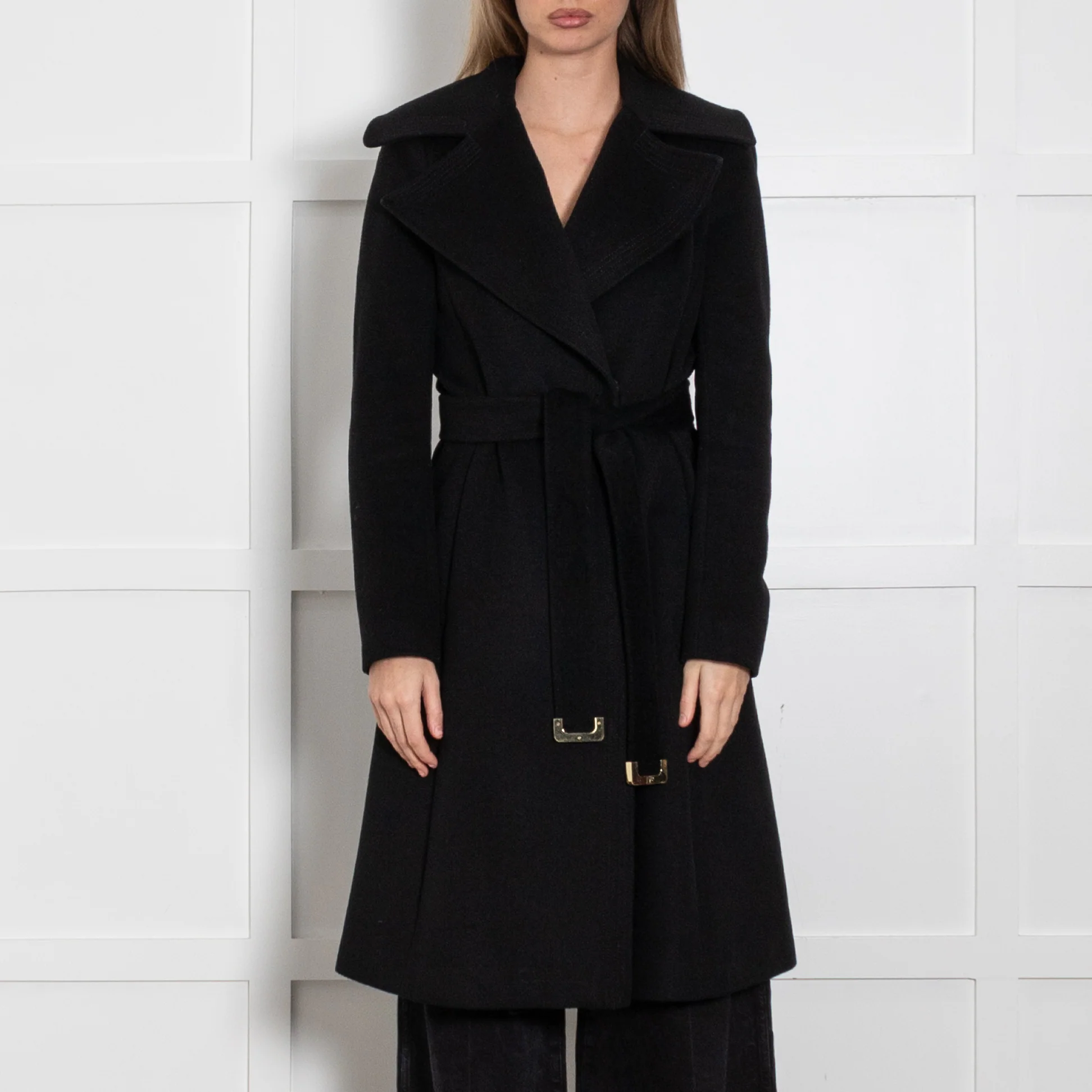 Diane Von Furstenberg Black Belted Wide Collar Wool Blend Coat - Image 2