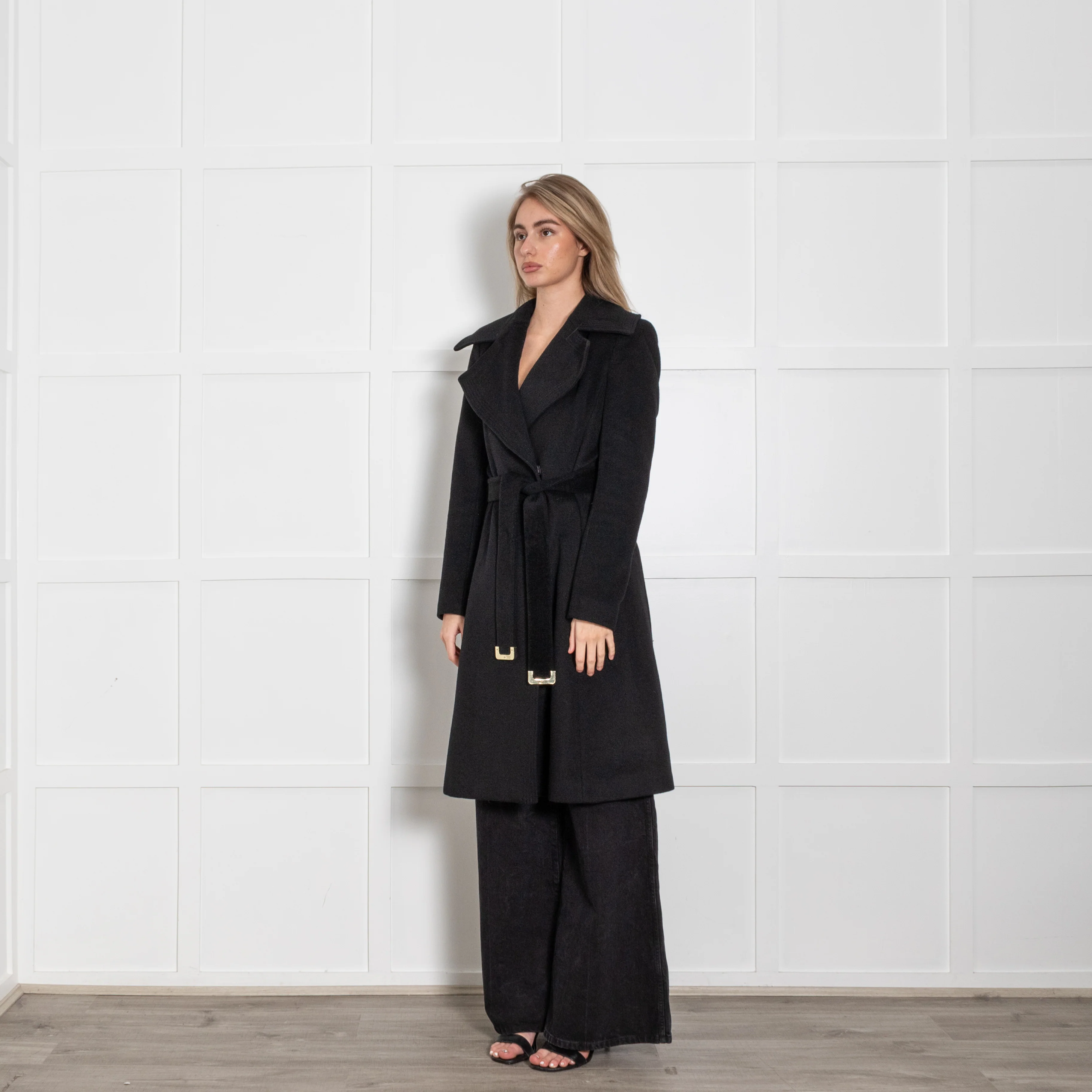 Diane Von Furstenberg Black Belted Wide Collar Wool Blend Coat - Image 3
