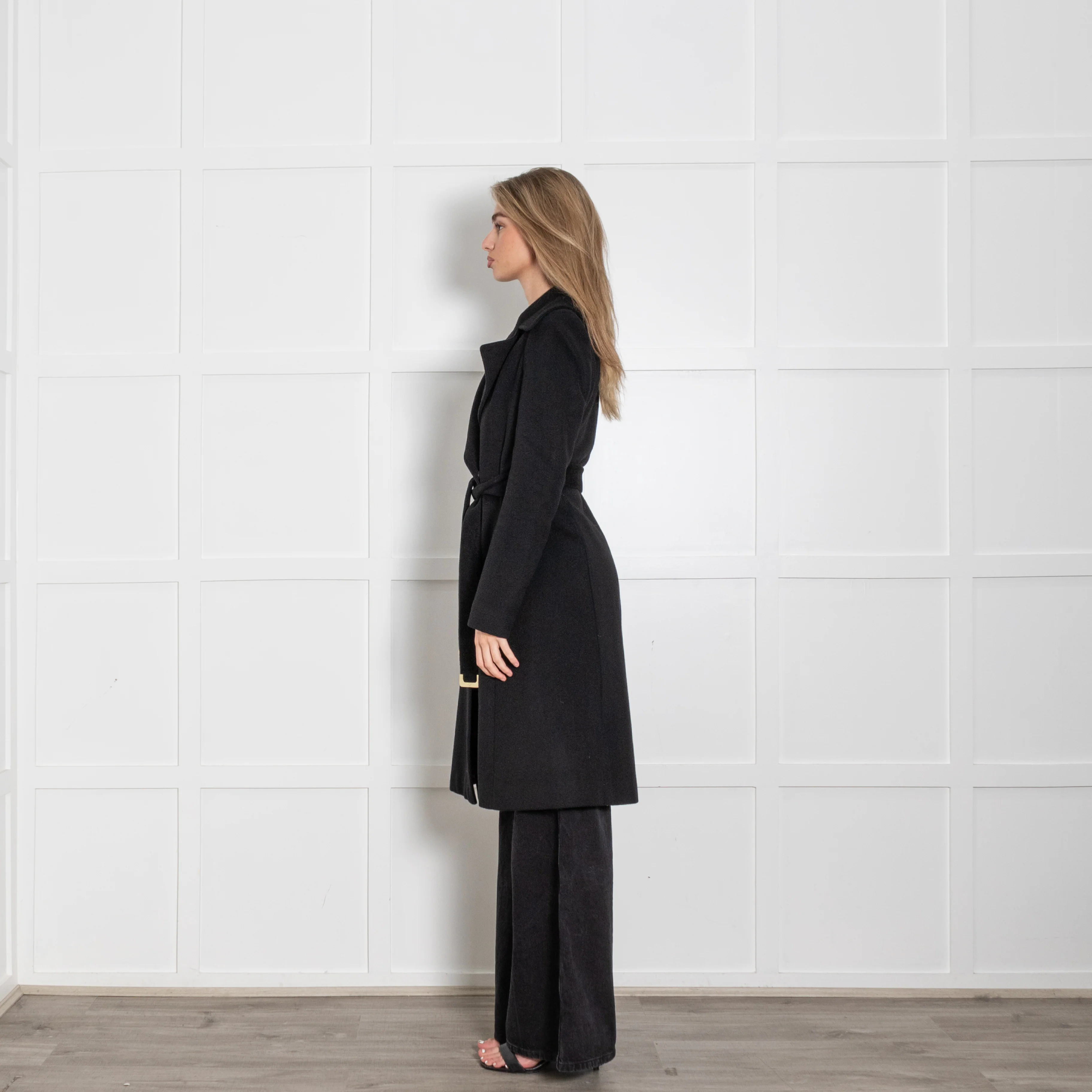 Diane Von Furstenberg Black Belted Wide Collar Wool Blend Coat - Image 4