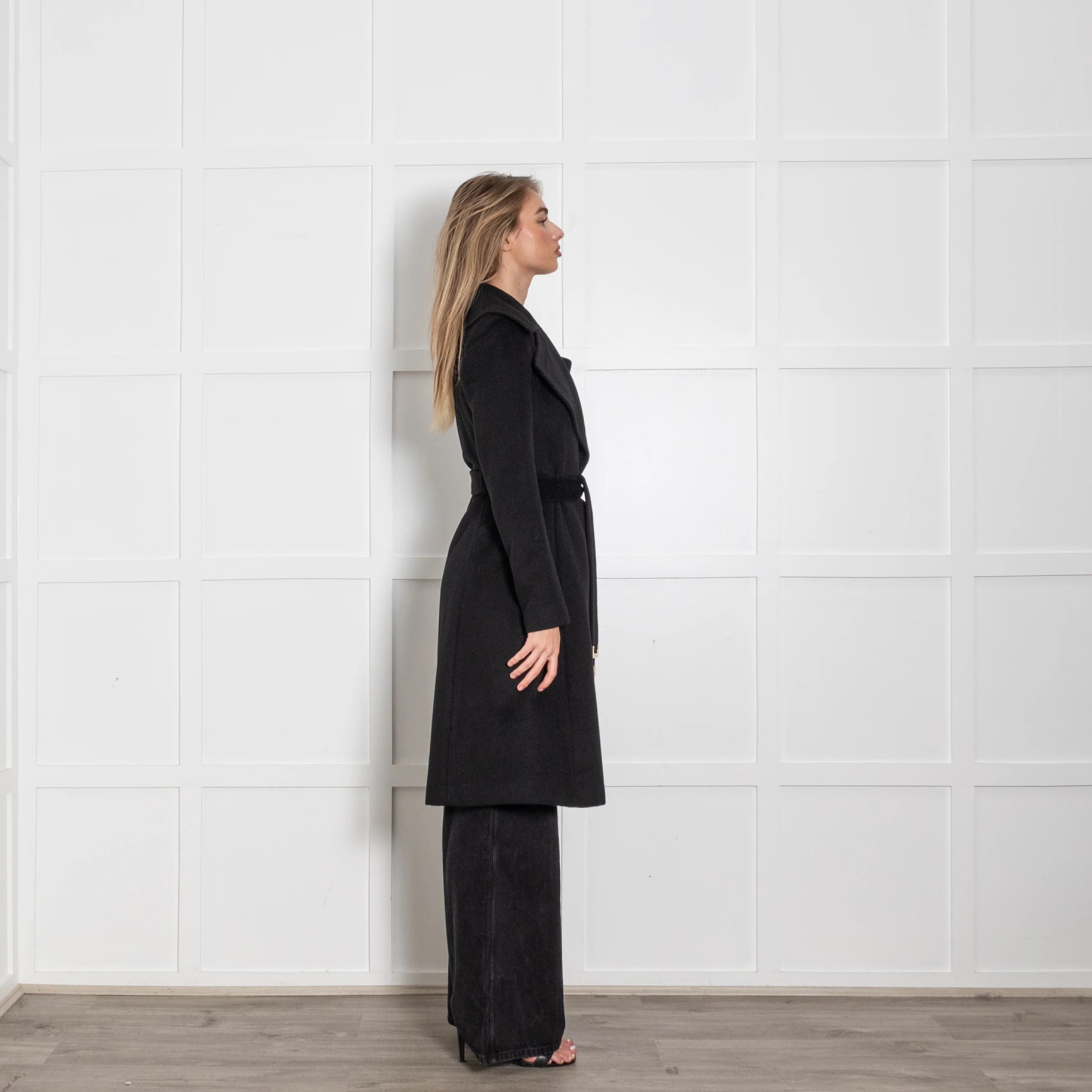 Diane Von Furstenberg Black Belted Wide Collar Wool Blend Coat - Image 6