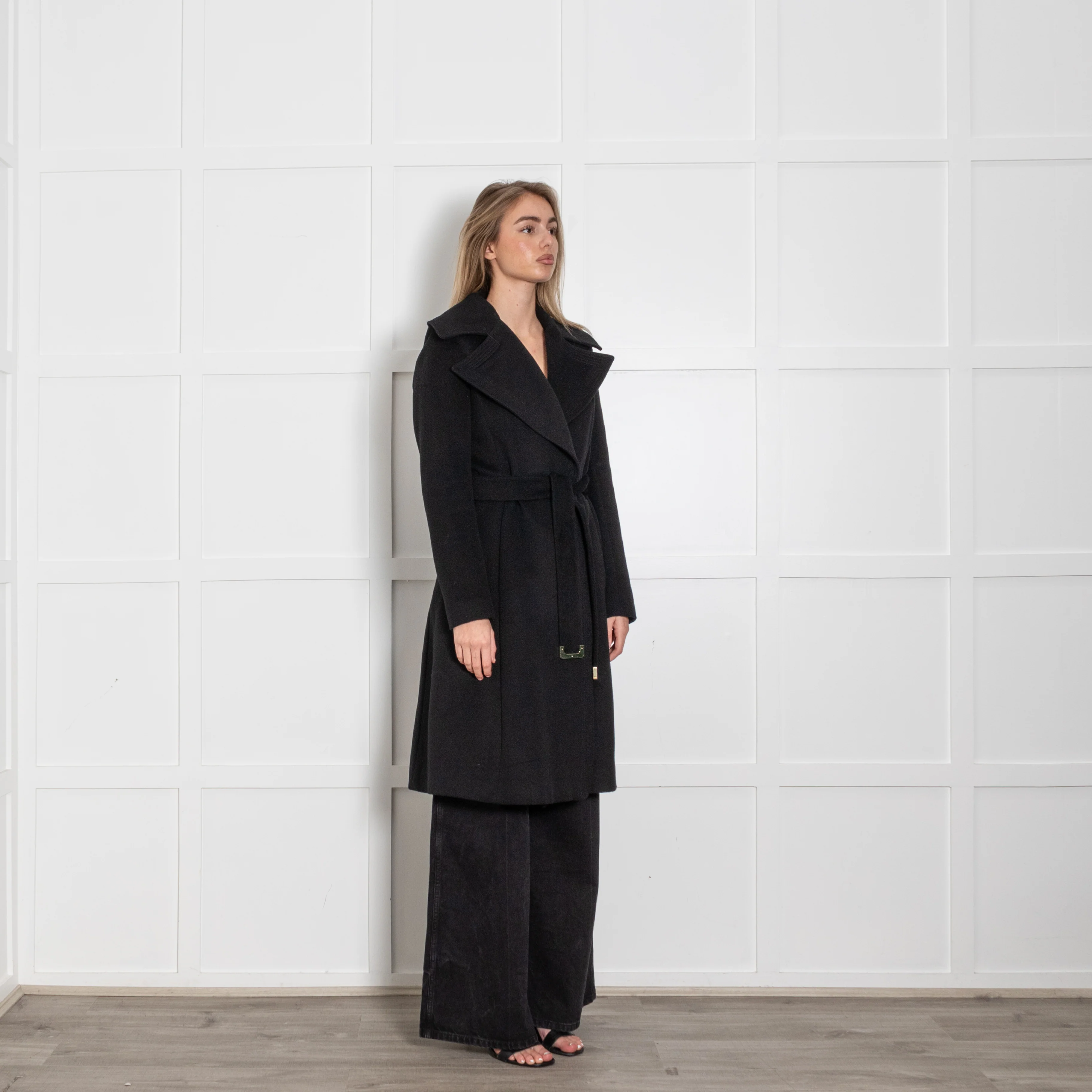 Diane Von Furstenberg Black Belted Wide Collar Wool Blend Coat - Image 7