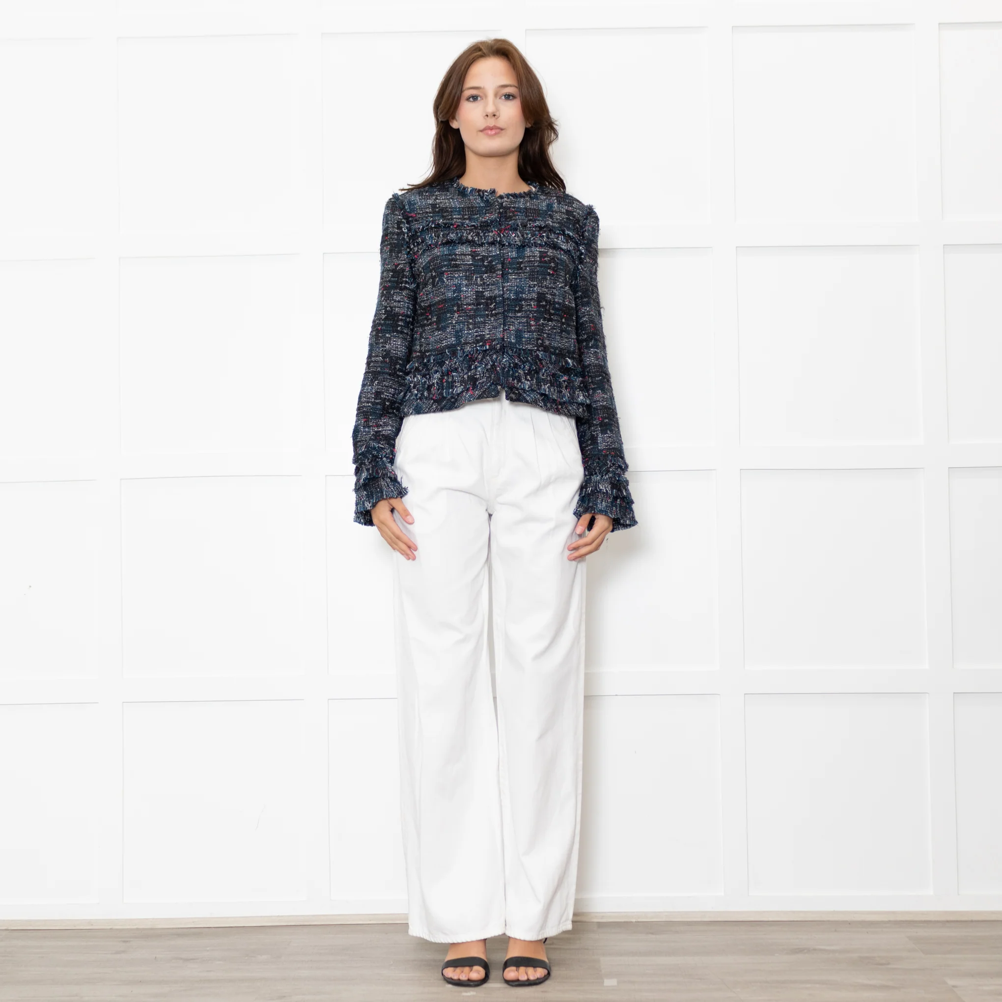 Diane Von Furstenberg Black Cream Blue Red Fleck Tweedy Jacket