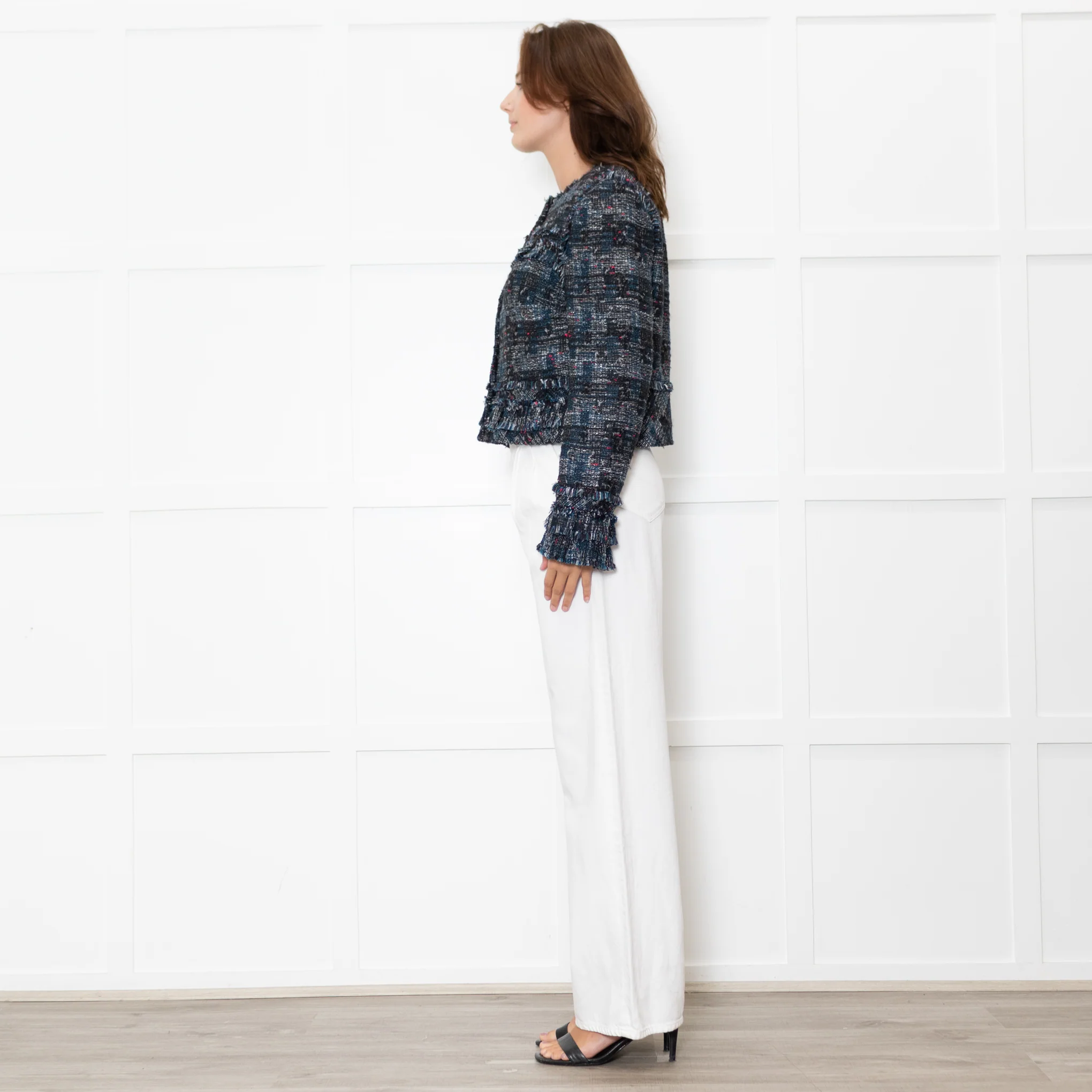 Diane Von Furstenberg Black Cream Blue Red Fleck Tweedy Jacket - Image 6