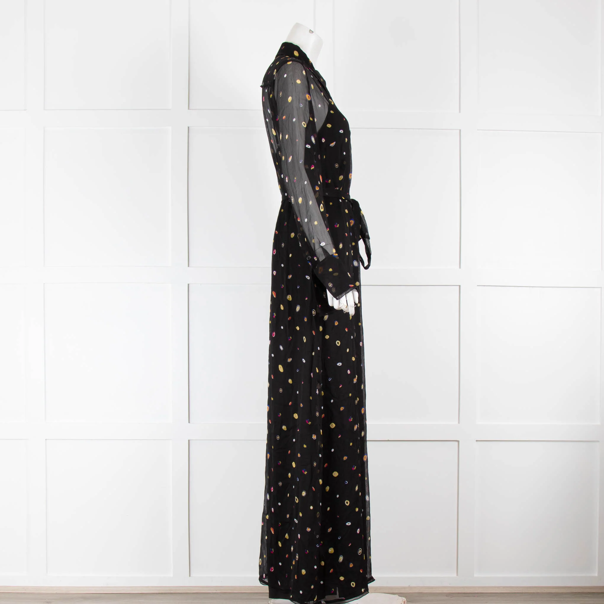 Diane Von Furstenberg Black Patterned Sheer Dress with Button Front & Belt - Image 2