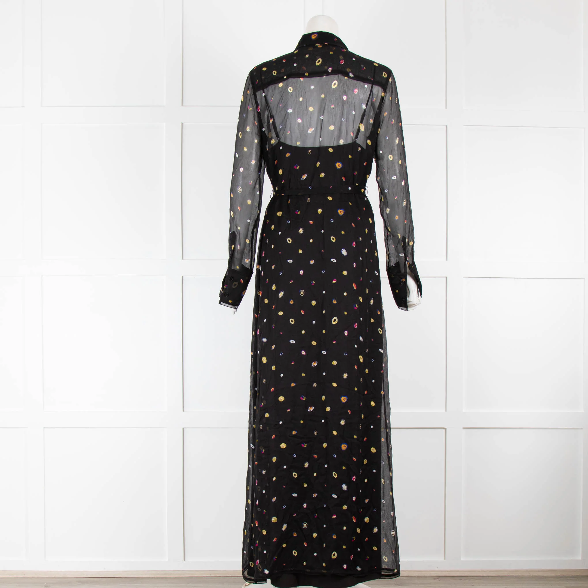 Diane Von Furstenberg Black Patterned Sheer Dress with Button Front & Belt - Image 3