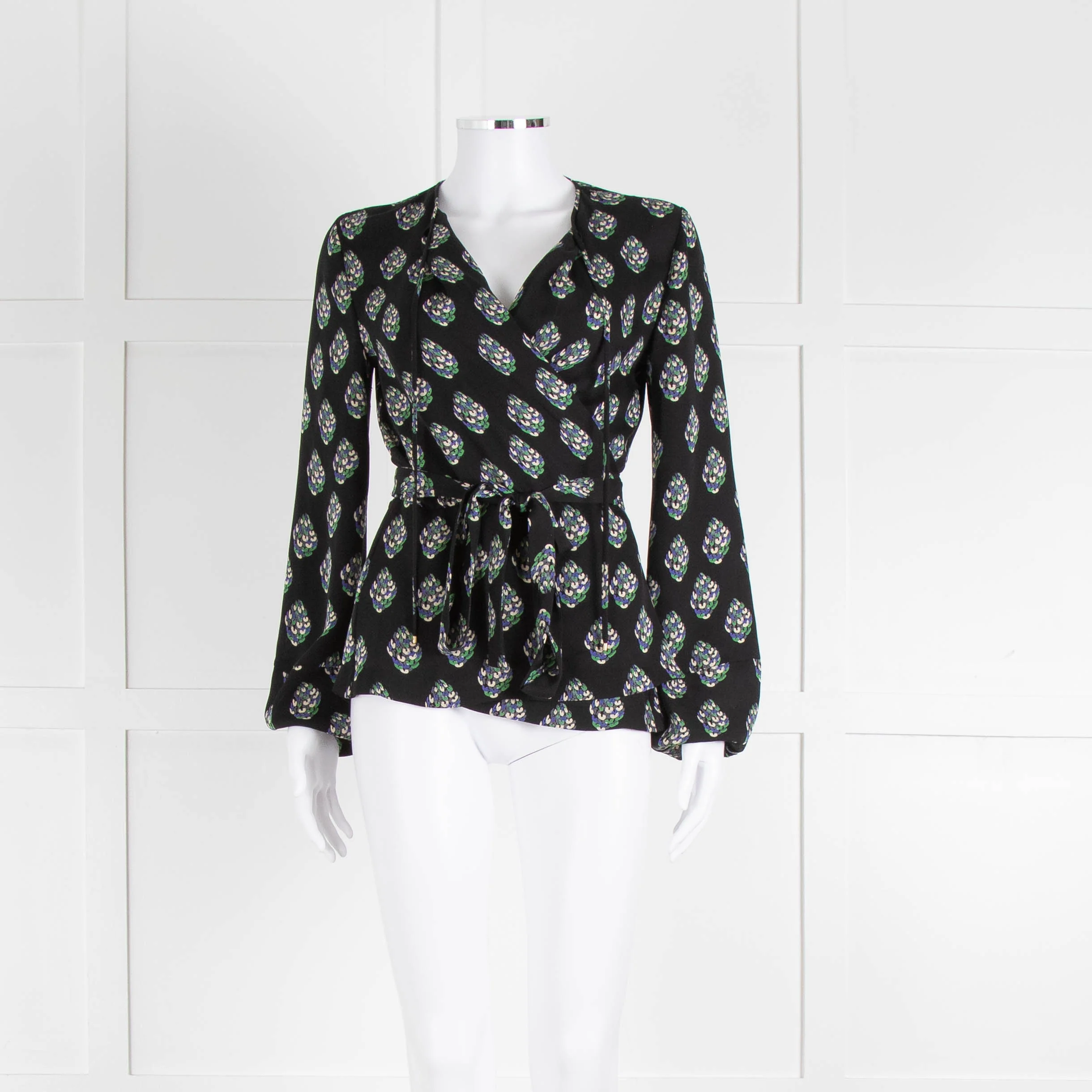 Diane Von Furstenberg Black Purple Cream Silk Print Wrap Top