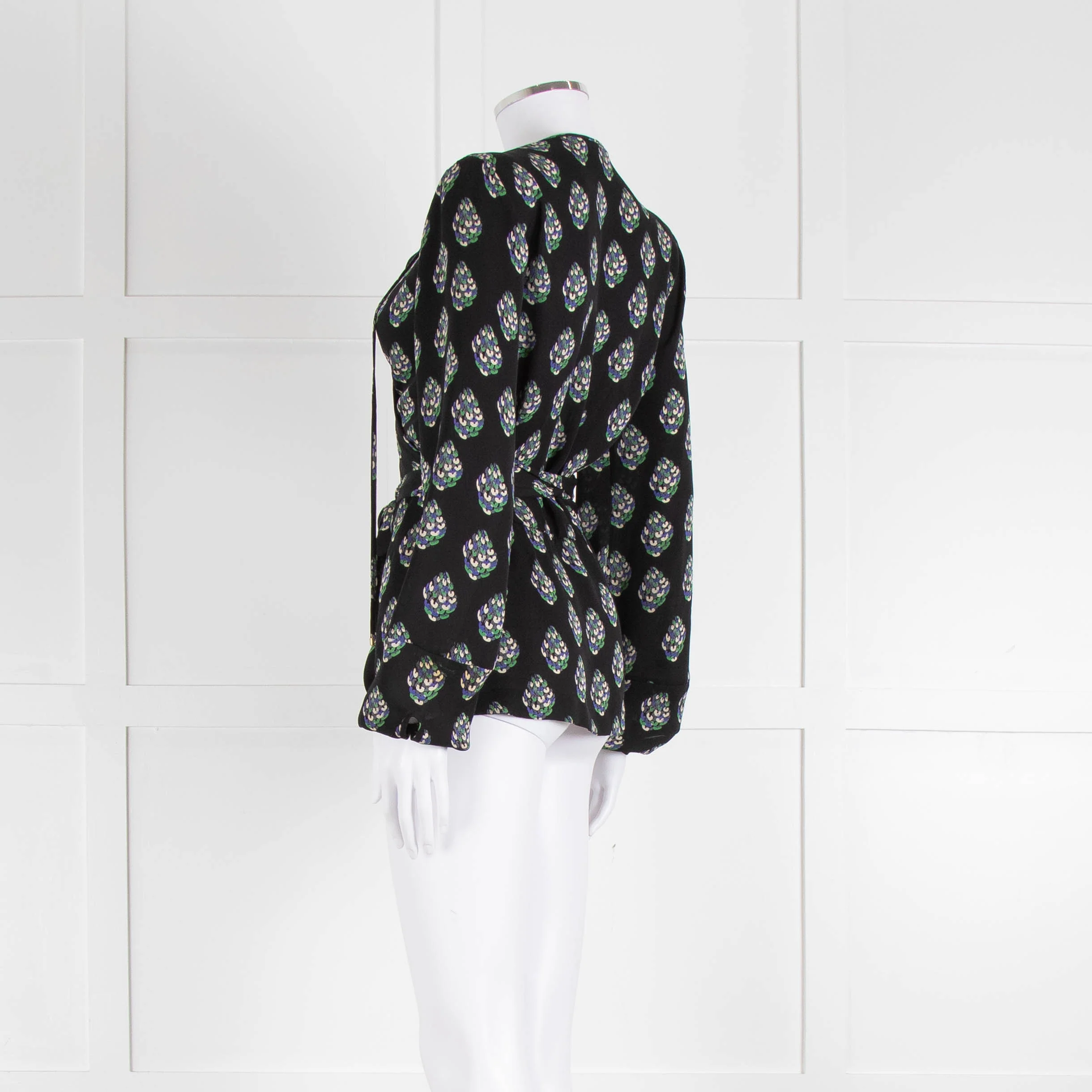 Diane Von Furstenberg Black Purple Cream Silk Print Wrap Top - Image 6
