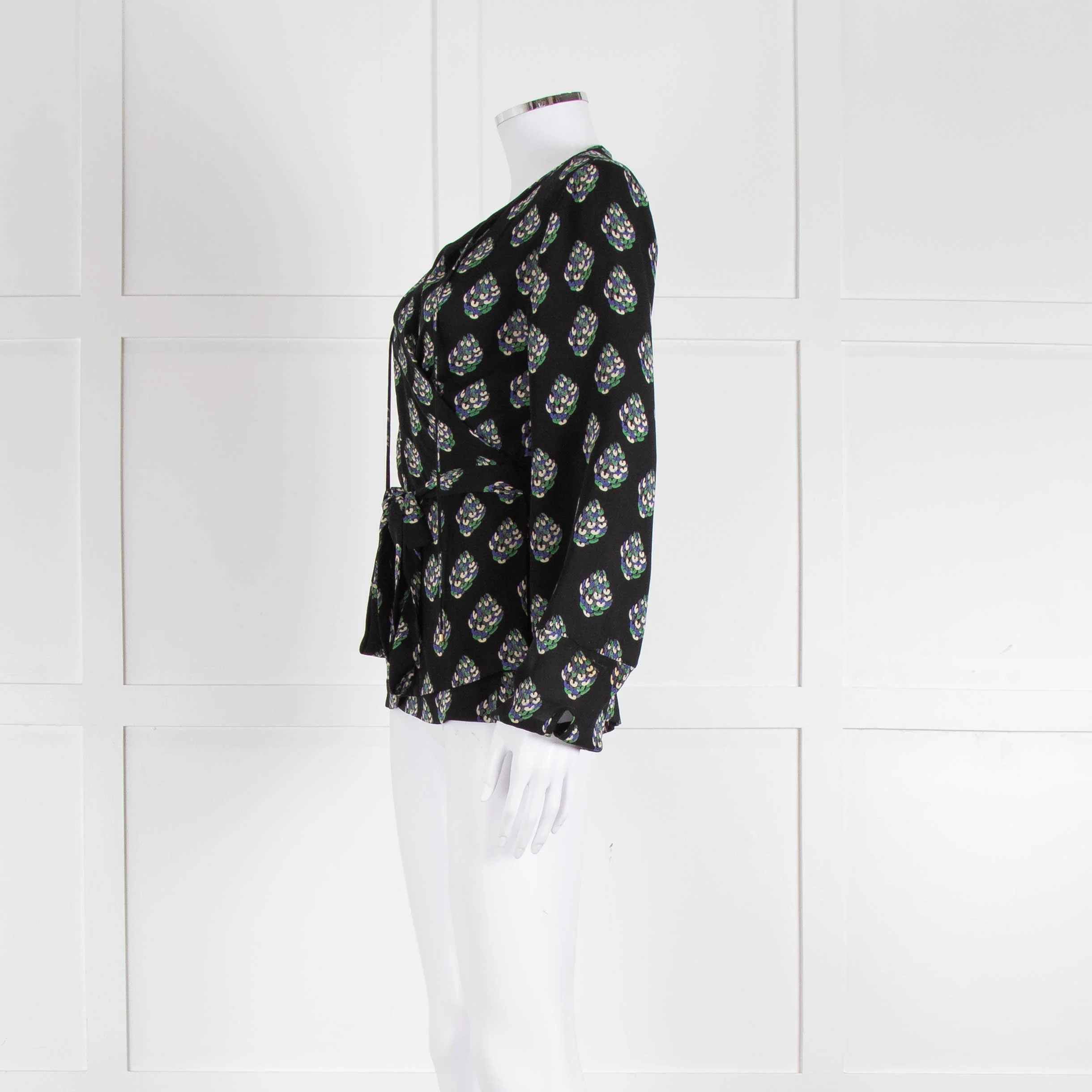 Diane Von Furstenberg Black Purple Cream Silk Print Wrap Top - Image 7