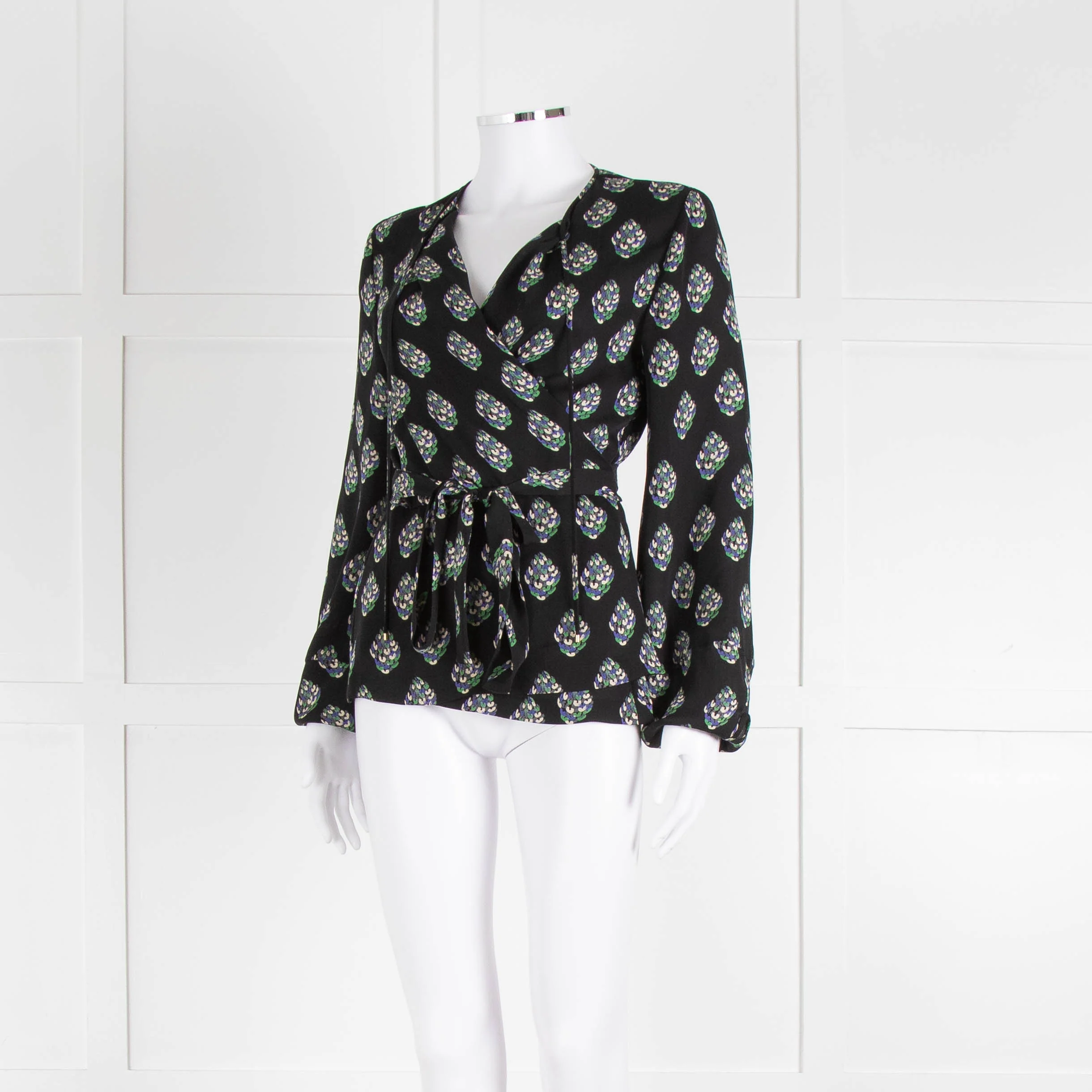 Diane Von Furstenberg Black Purple Cream Silk Print Wrap Top - Image 8