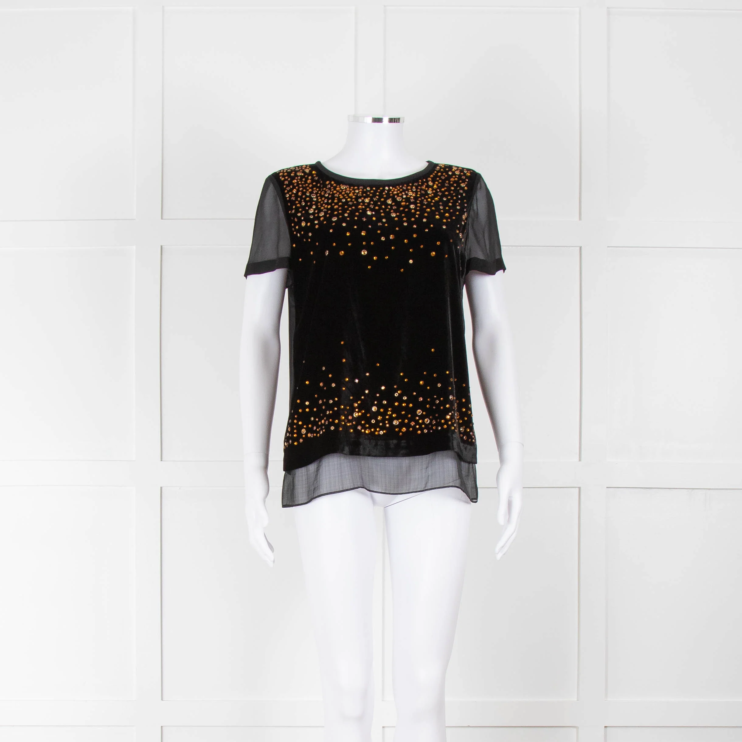 Diane Von Furstenberg Black Velvet Bronze Diamante Short Sleeve Top