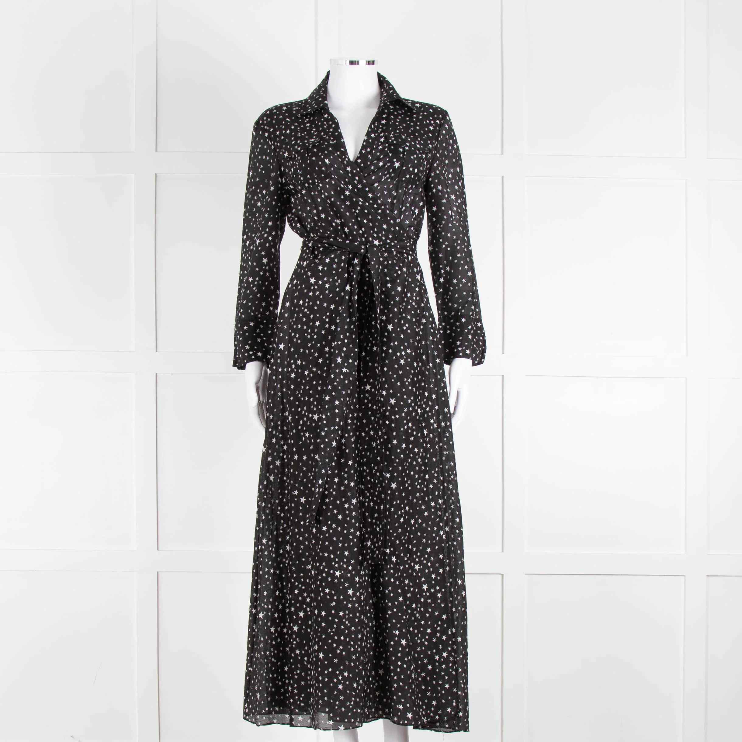 Diane Von Furstenberg Black White Star Print Cotton Blend Wrap Maxi Dress