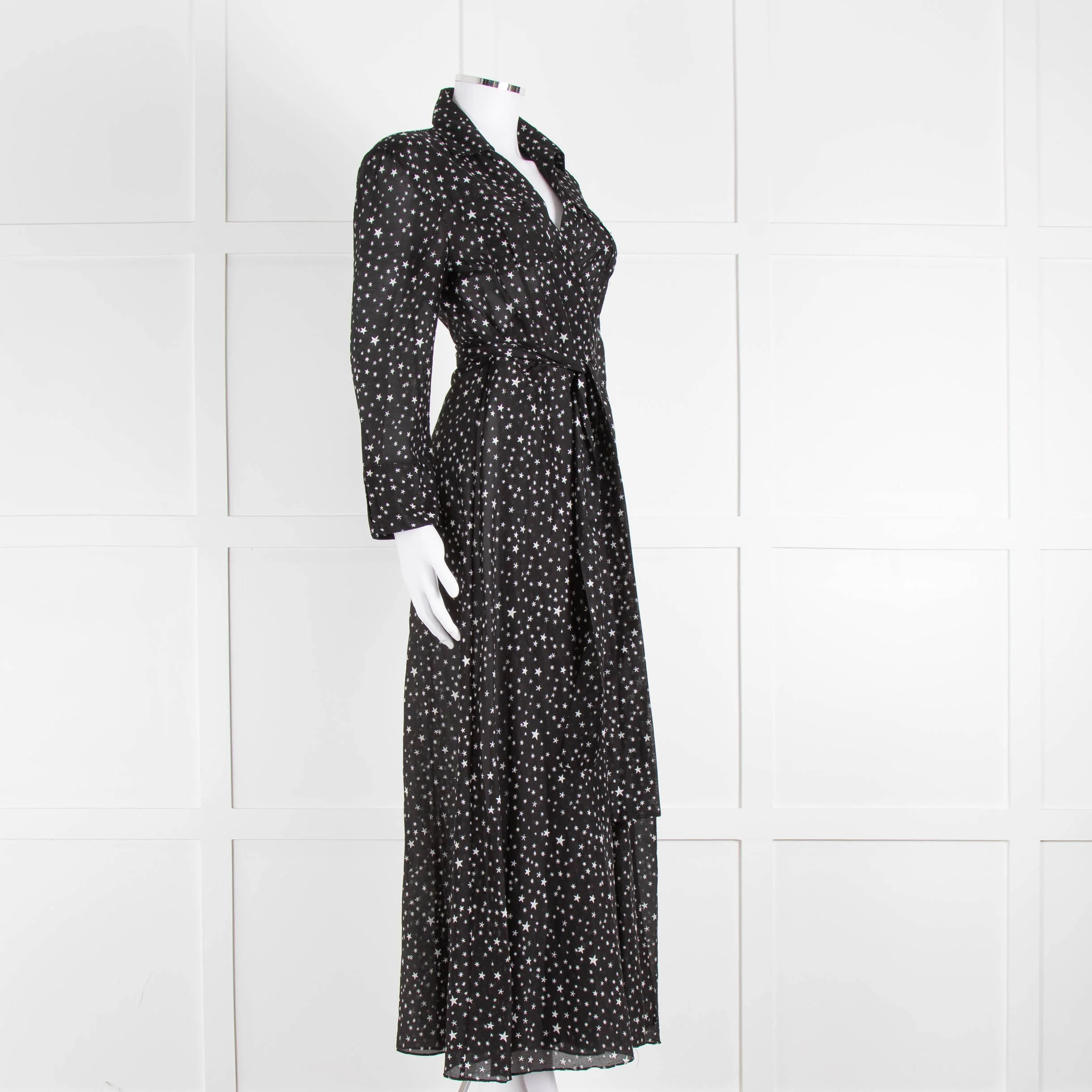 Diane Von Furstenberg Black White Star Print Cotton Blend Wrap Maxi Dress - Image 2