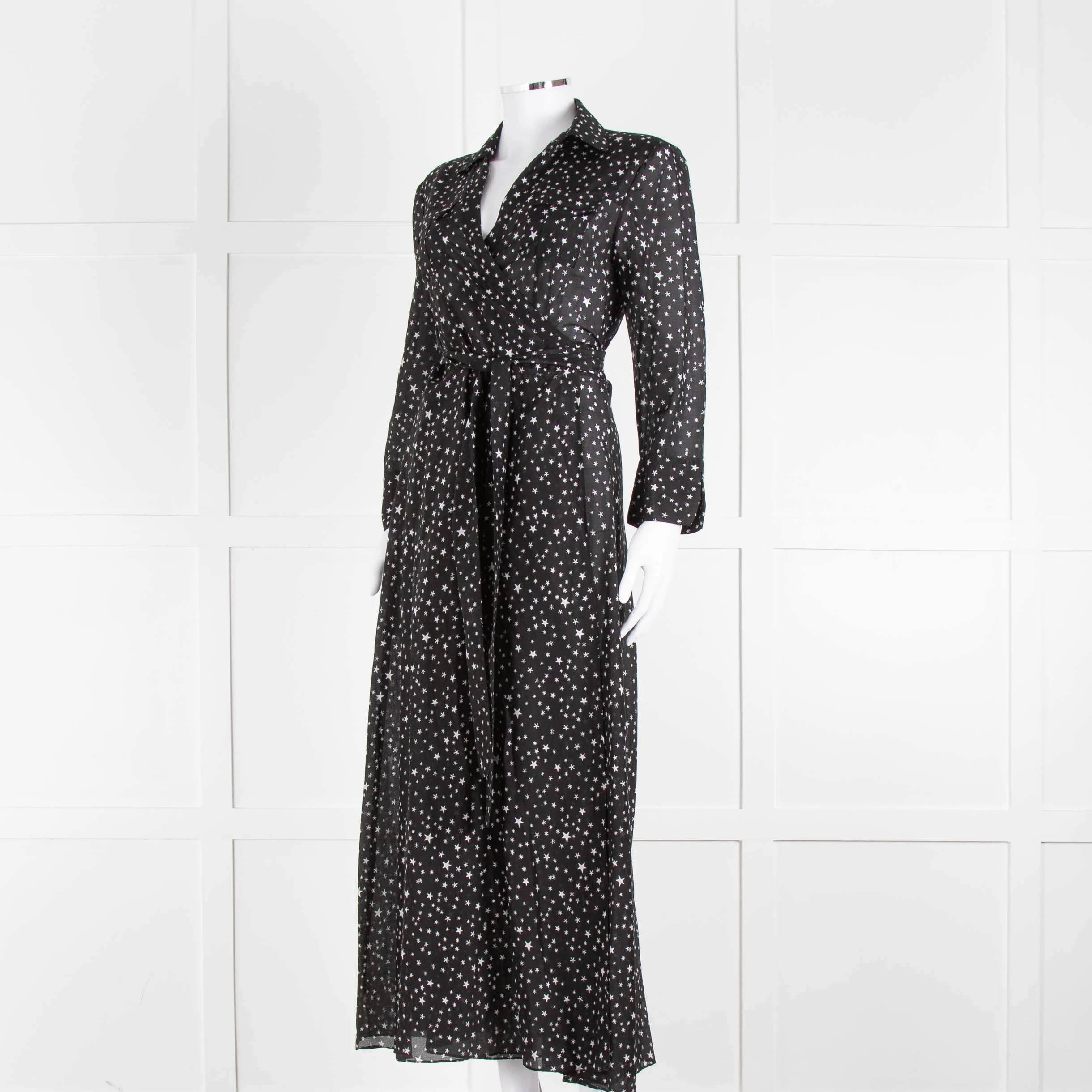 Diane Von Furstenberg Black White Star Print Cotton Blend Wrap Maxi Dress - Image 8