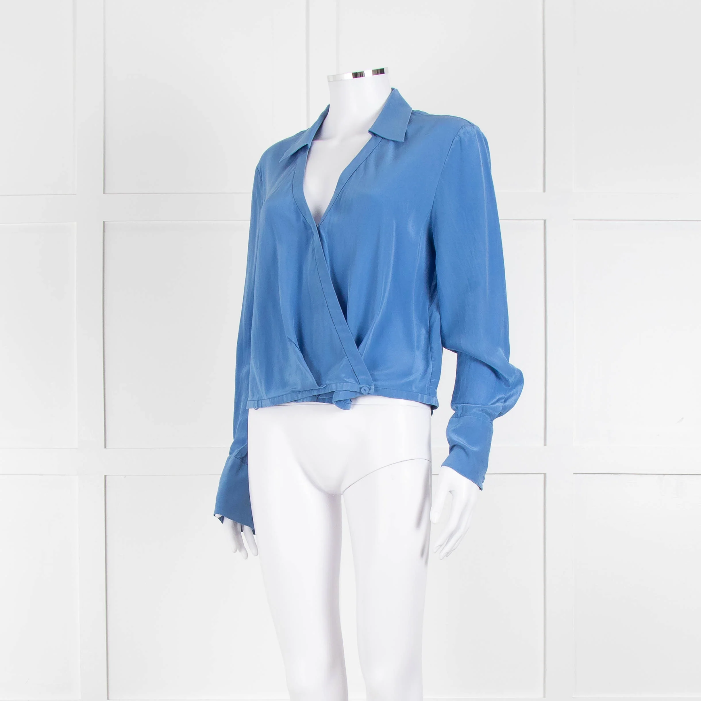 Diane Von Furstenberg Blue Silk Wrap Long Sleeve Top - Image 8