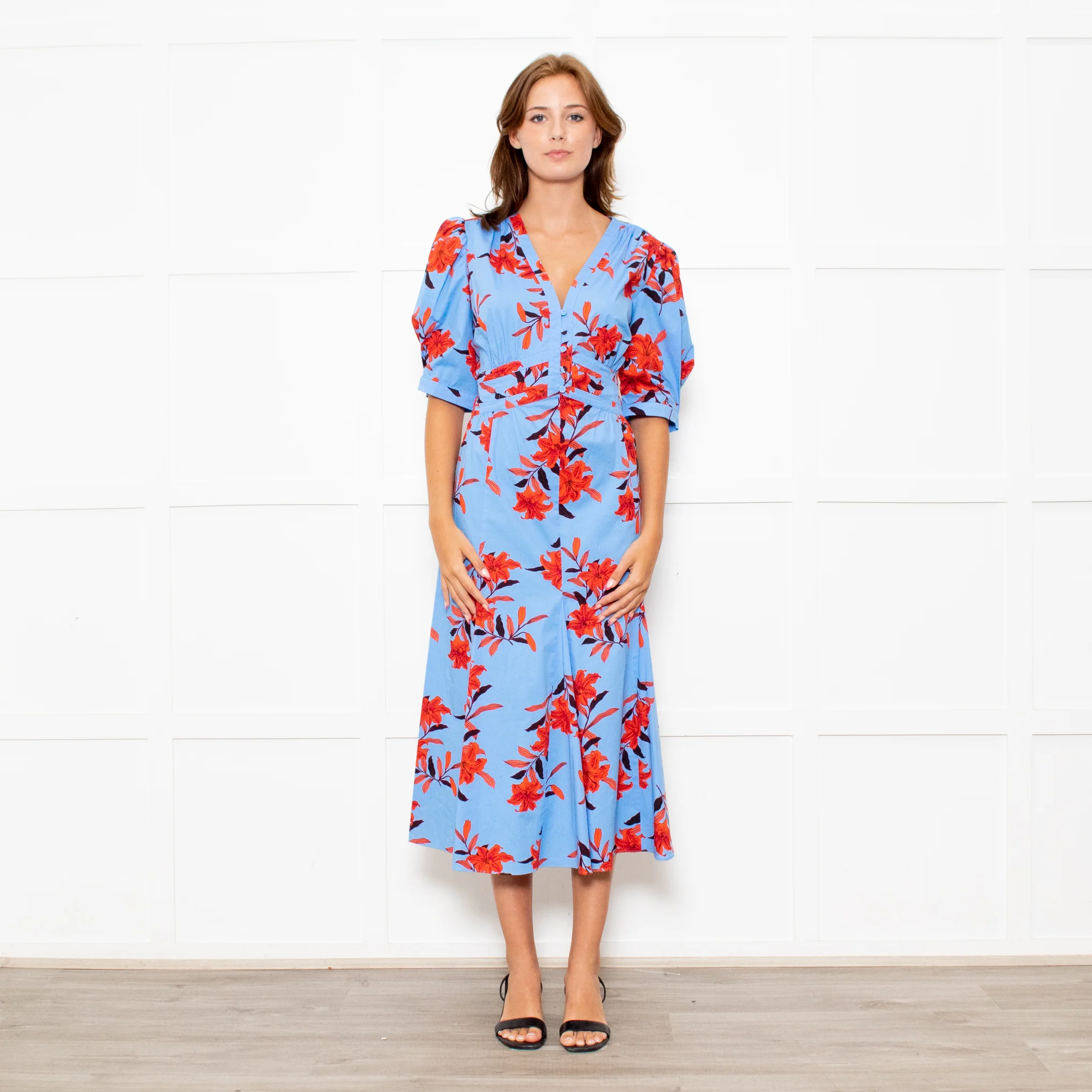 Diane Von Furstenberg Blue Stretch Cotton Tea Dress with Red Flowers