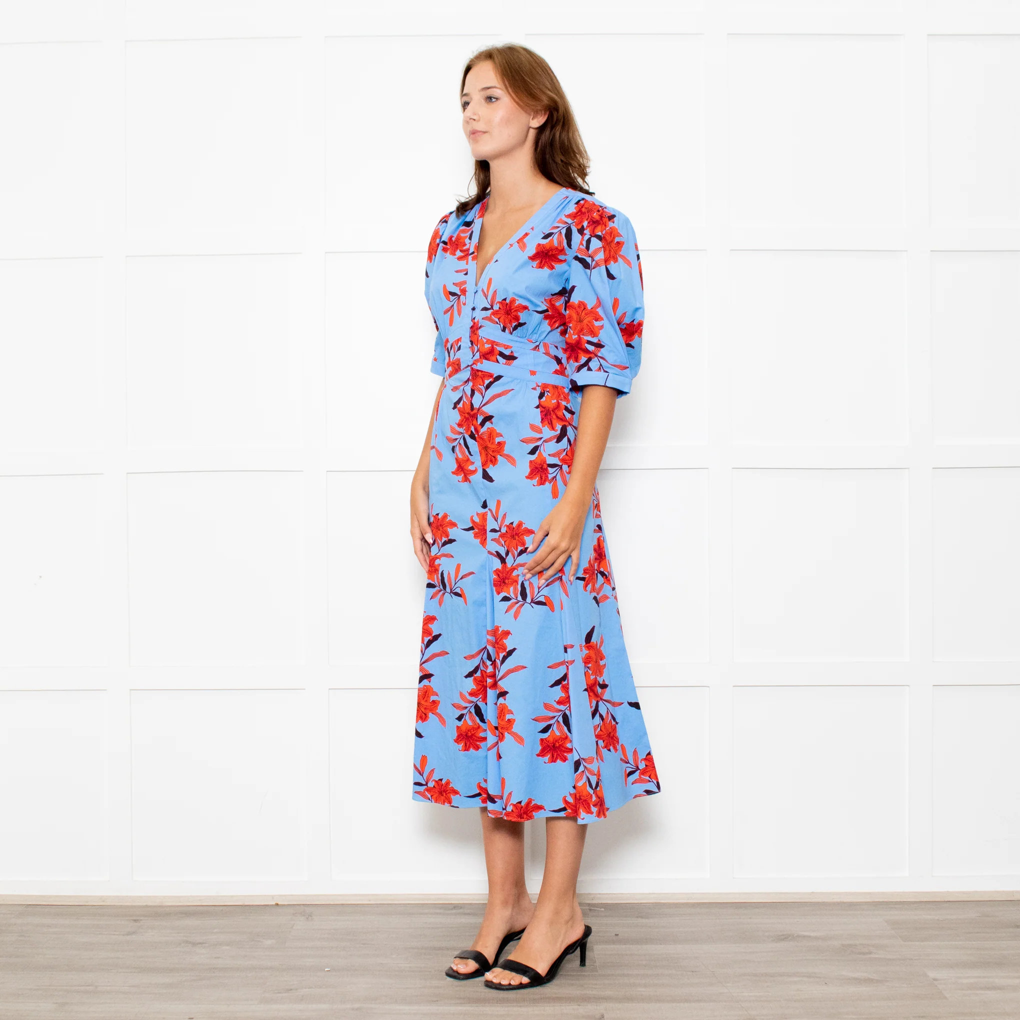 Diane Von Furstenberg Blue Stretch Cotton Tea Dress with Red Flowers - Image 3