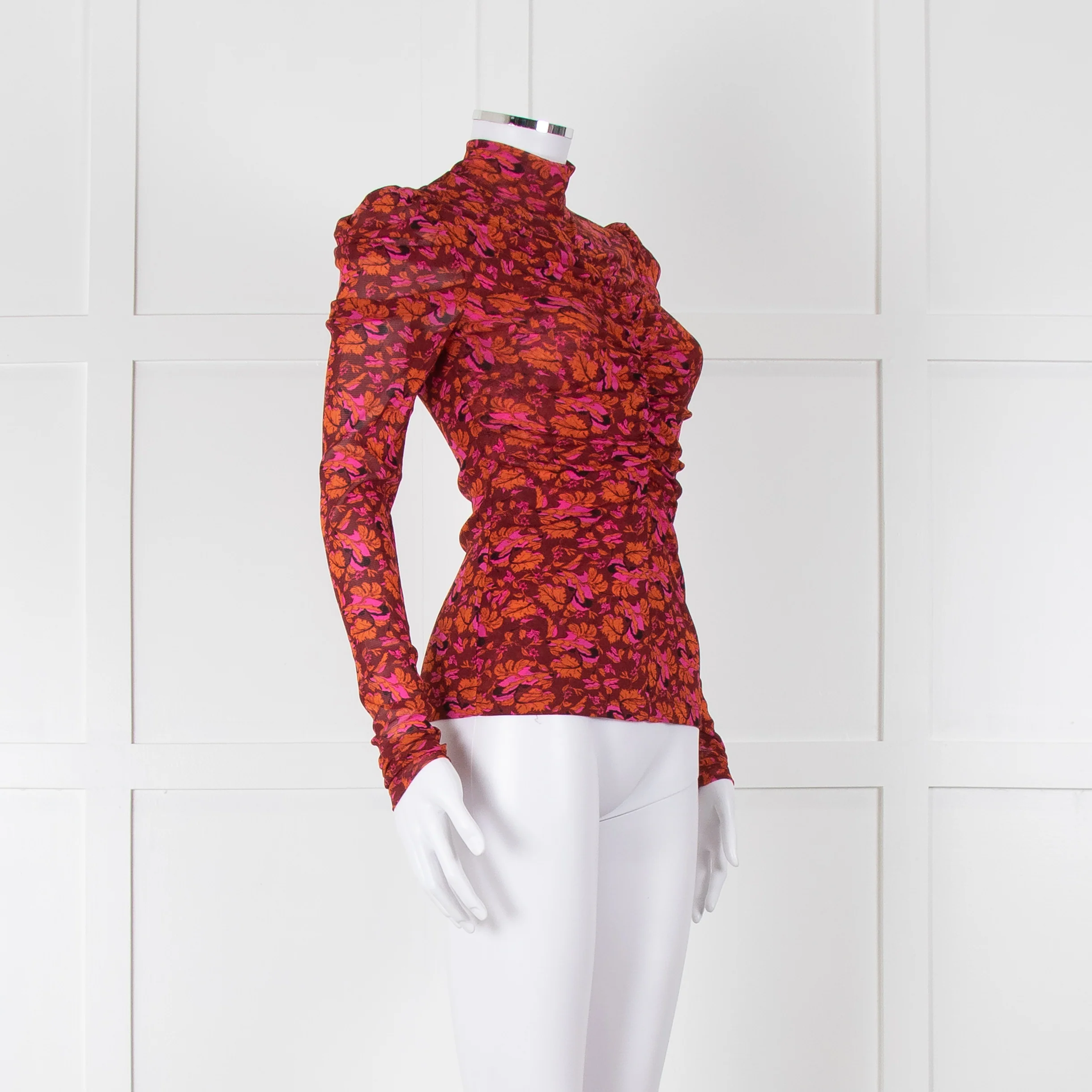 Diane Von Furstenberg Burgundy Floral Gathered Puff Sleeve Top - Image 2