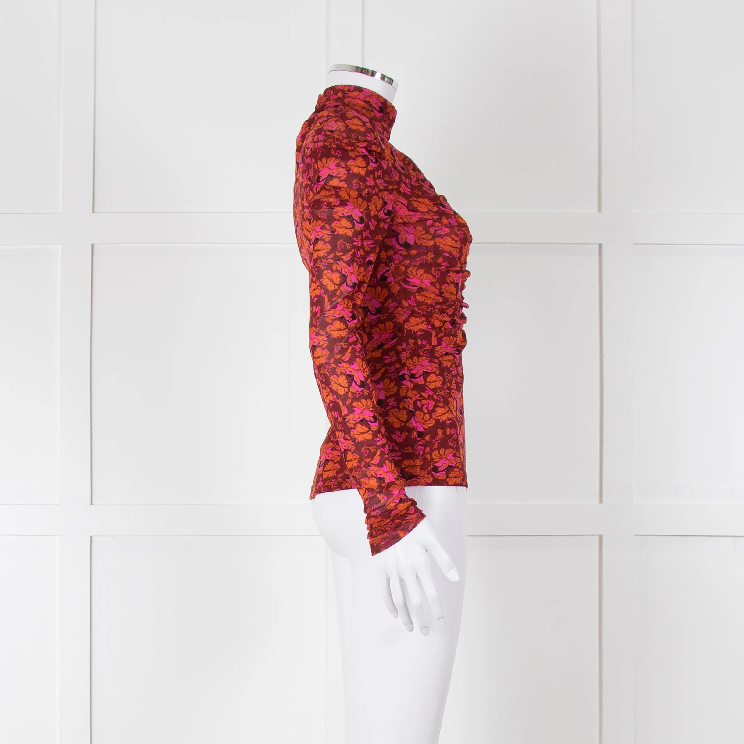 Diane Von Furstenberg Burgundy Floral Gathered Puff Sleeve Top - Image 3