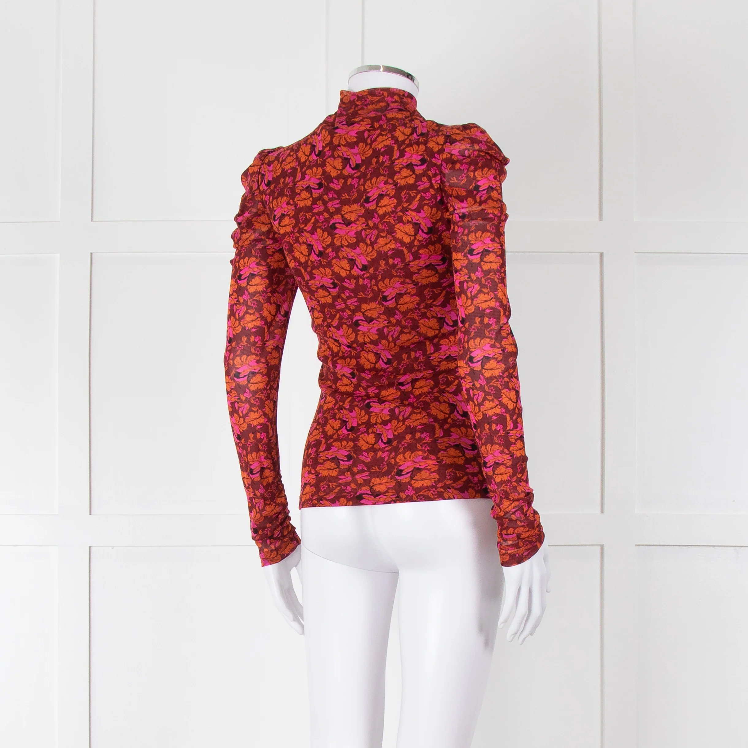 Diane Von Furstenberg Burgundy Floral Gathered Puff Sleeve Top - Image 4