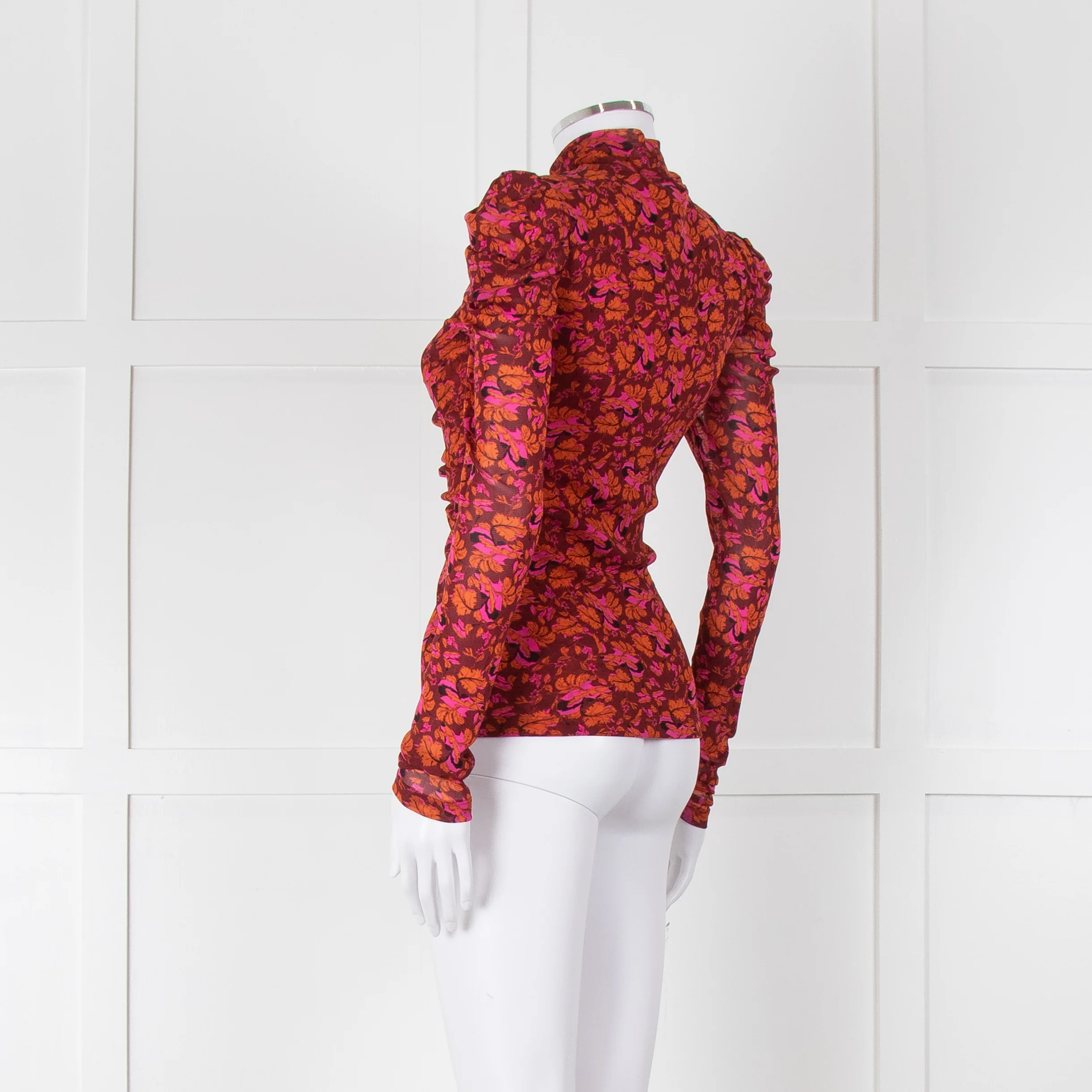 Diane Von Furstenberg Burgundy Floral Gathered Puff Sleeve Top - Image 6