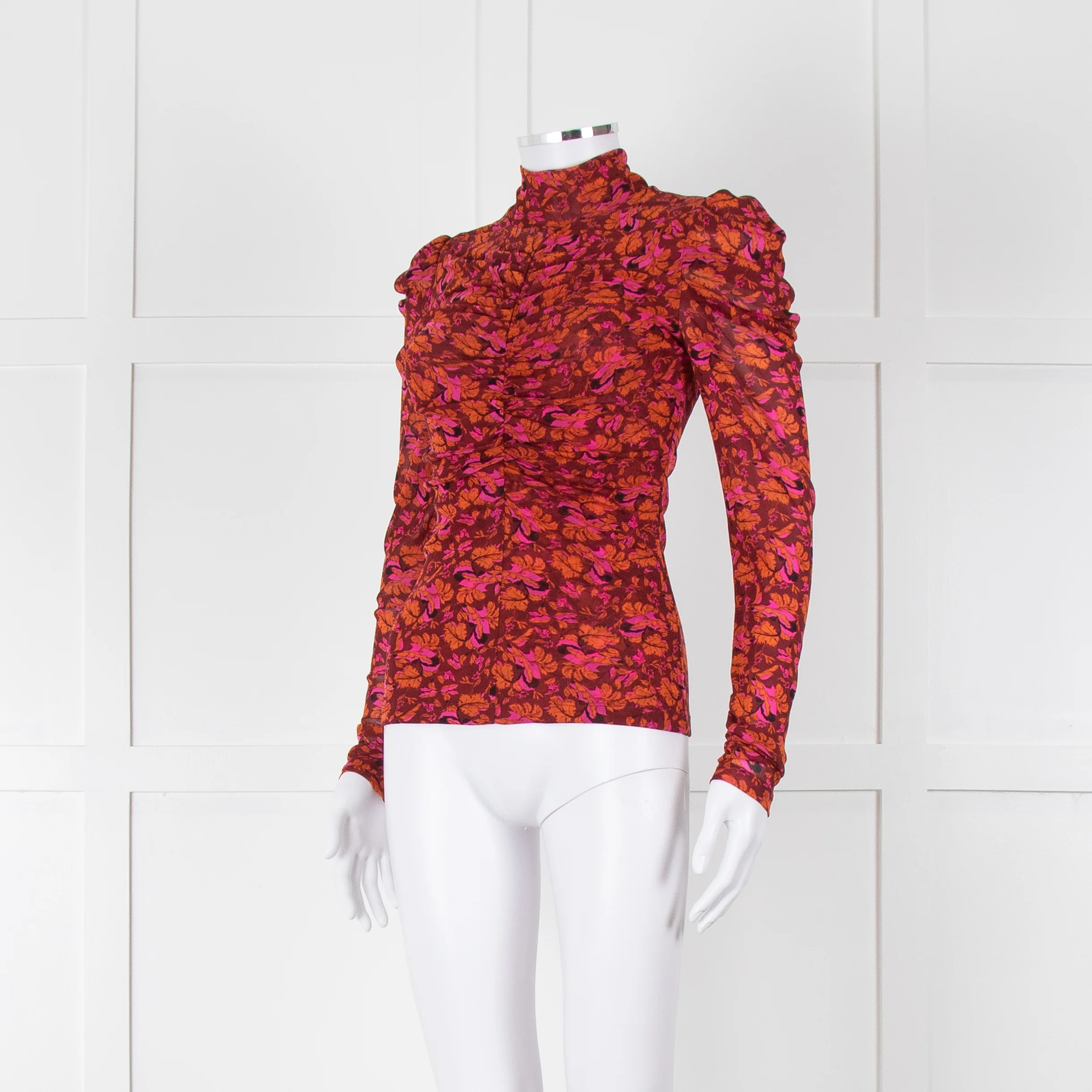 Diane Von Furstenberg Burgundy Floral Gathered Puff Sleeve Top - Image 8